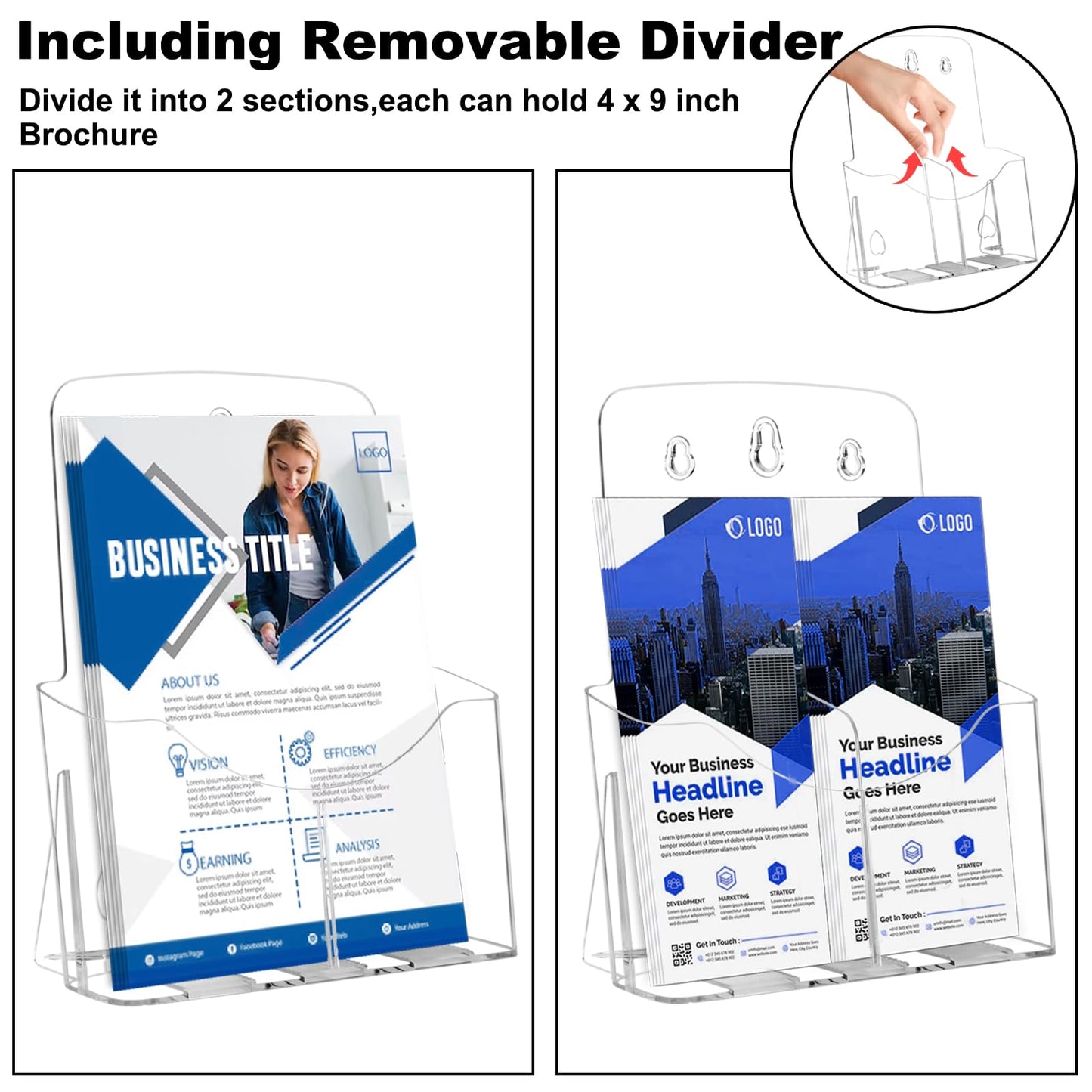 2 Pack Acrylic Brochure Holder 8.5 x 11 in, 1 Tier Brochure Display Stand with Removable Divider for 4 x 9 in Trifold Pamphlets, acrylic flyer holder 8.5 x 11 Stands for Flyer, Pamphlet, Magazine (2+2 pack 1 tier)