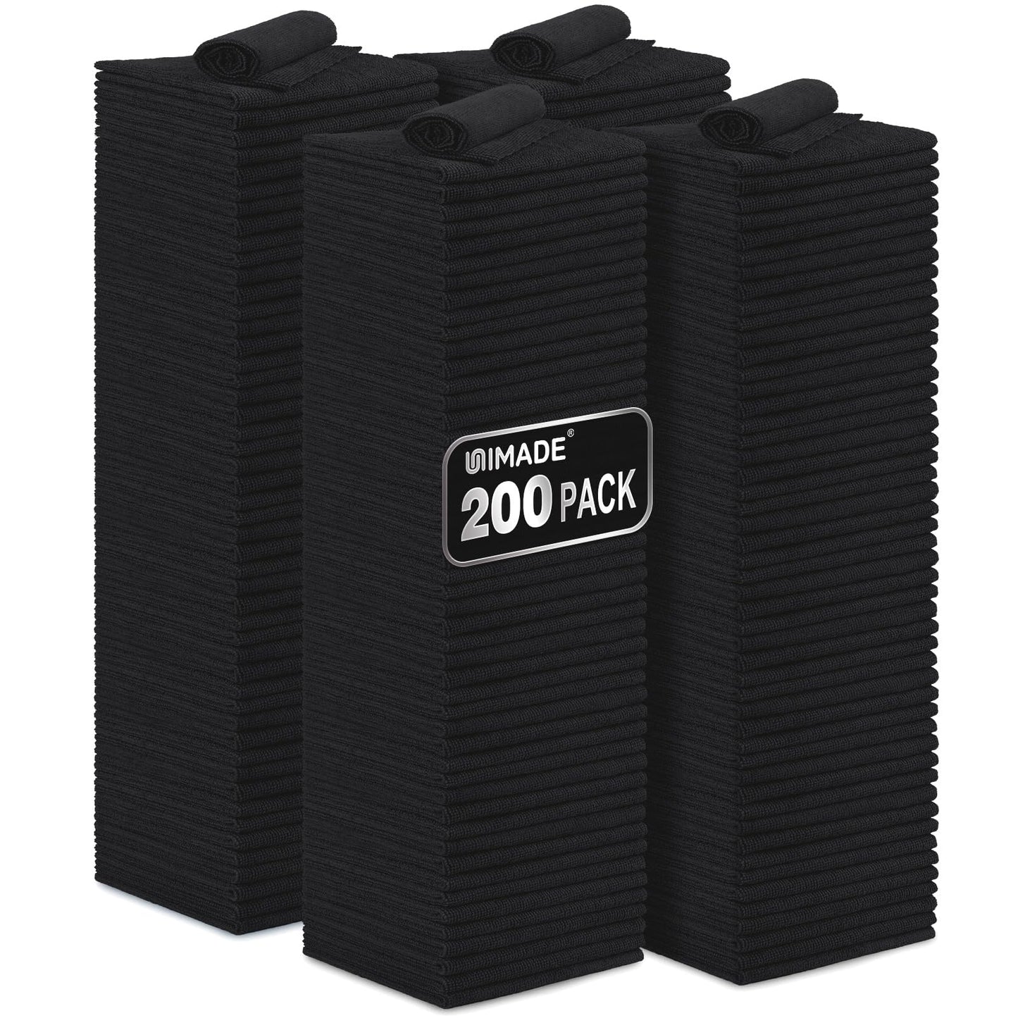 UNIMADE Microfiber Cleaning Cloth, 200 Pack Microfiber Towels for Cars Reusable Shop Rags Bulk Lint Free Cleaning Towels for Car Kitchen Automotive Bar Mechanic Restaurant Garage, 11.5"x 11.5", Black