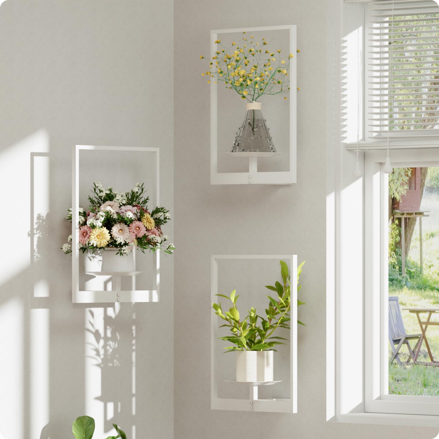 BUTUNITA White Metal Wall Plant Holder - 3-Pack Wall Mounted Plant Stands and Hanging Holders for Indoor Planter and Flower Pot -Rectangle Decor Shelf for Plant Storage (Pot Not Included)