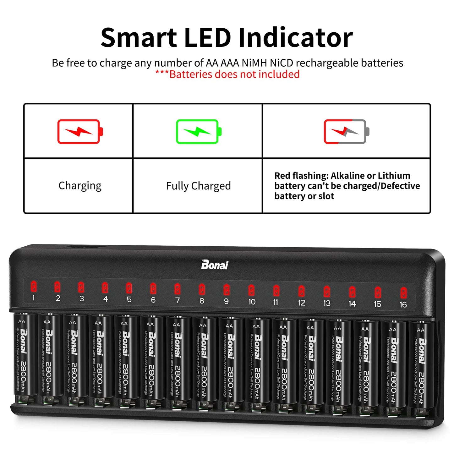 BONAI 16 Slot Battery Charger for AA AAA NiMH NiCD Rechargeable Batteries Independent Control with LED Light and Standard AC Charging Plug, Battery not Included - Black