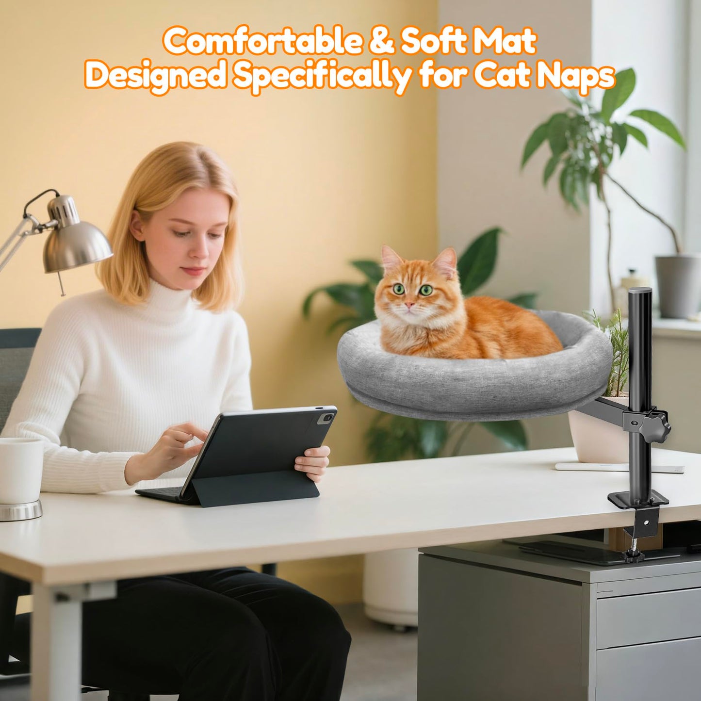 Homegroove Cat Desk Bed, Cat Bed for Desk with 360° Rotation & Height Adjustable, Cat Desk Perch with Soft Cushion, Sturdy Steel Frame, Supports Up to 40 lbs, Easy Installation (Grey)
