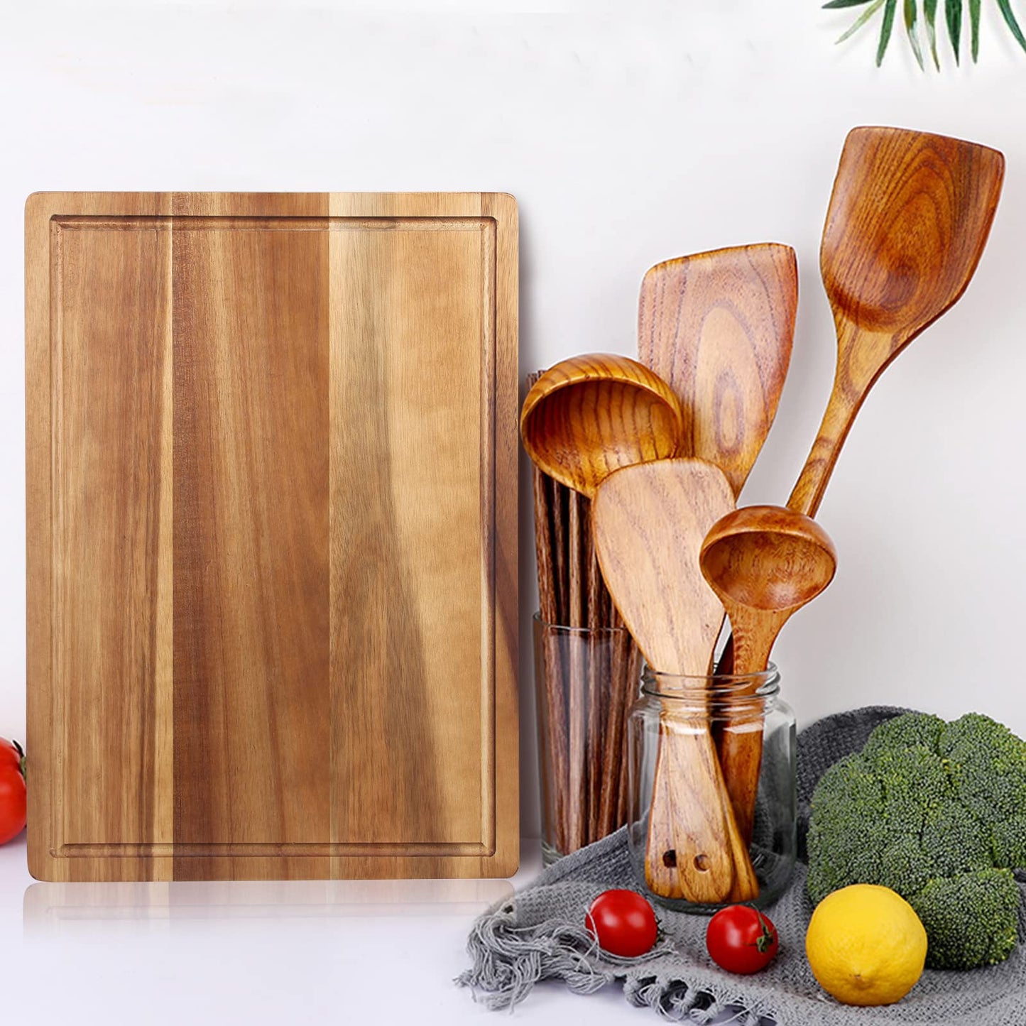 17" Solid Acacia Wood Cutting Boards for Kitchen Meat Large Wooden Charcuterie Boards Non Toxic Bamboo Cutting Board Big Hardwood Chopping Board Butcher Block Bread Serving Cheese Board Carving Board