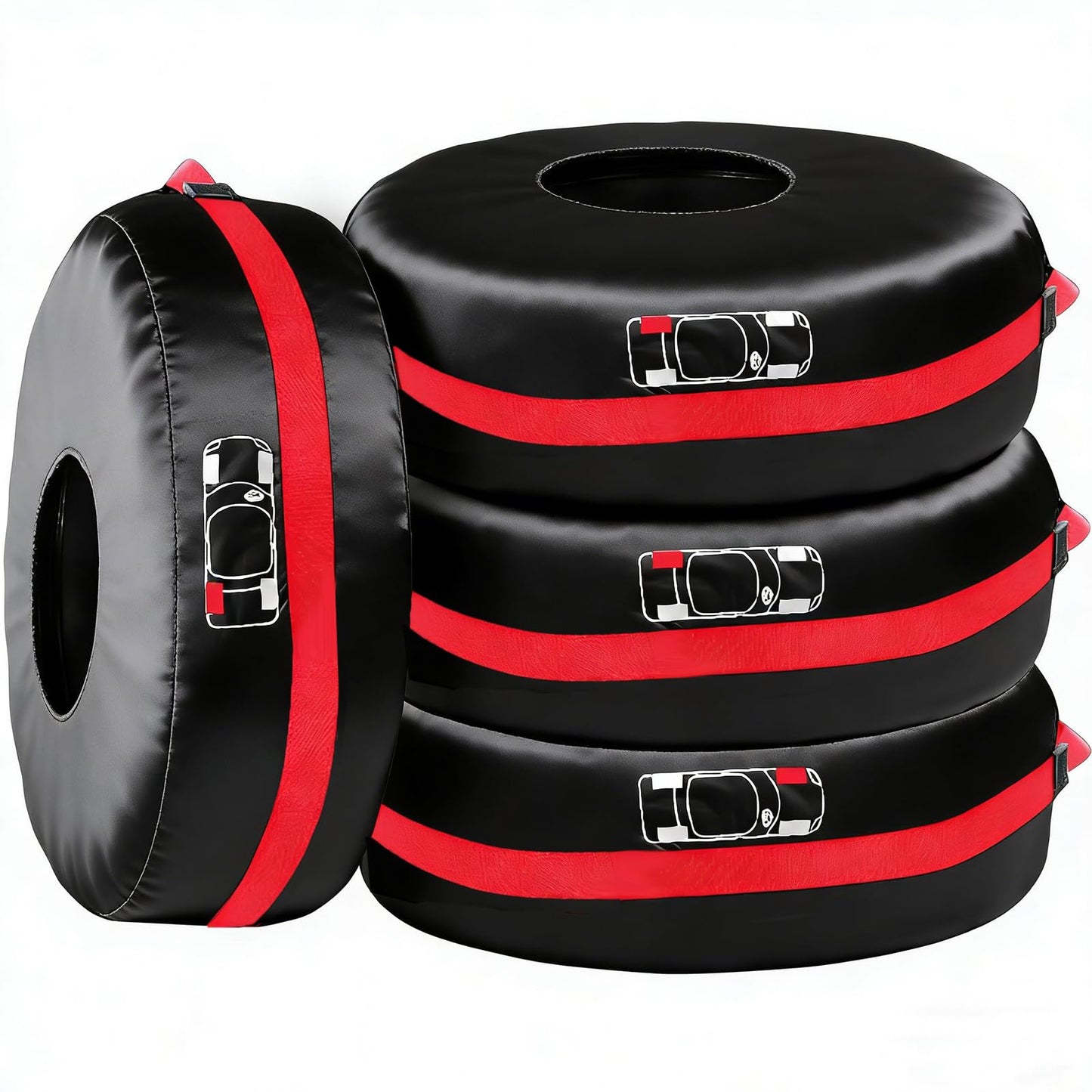 LOMGDOVC 4 Pack Polyester Tire Covers, Waterproof Dustproof Wheel Storage Bags with Handle, Protective Spare Tire Cover & Organizer Fit for 19"-23" Tires,Black Red
