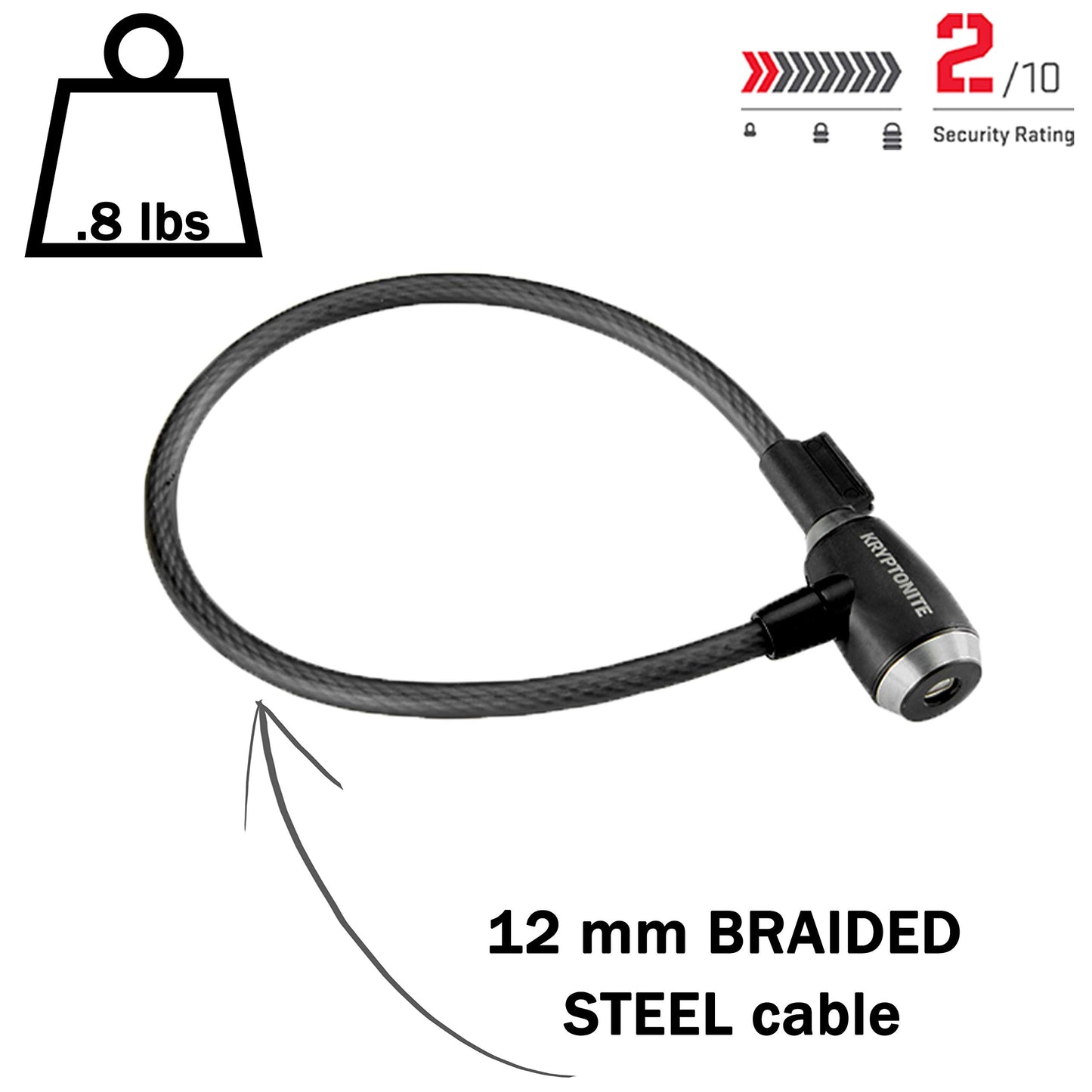 Kryptonite KryptoFlex Bike Lock Cable, 2FT/6FT/10FT Long 12mm Thick Heavy Duty Braided Steel Cable Anti-Theft Security Lock for Outdoor Equipment, Combination/Key Bike Lock, Black