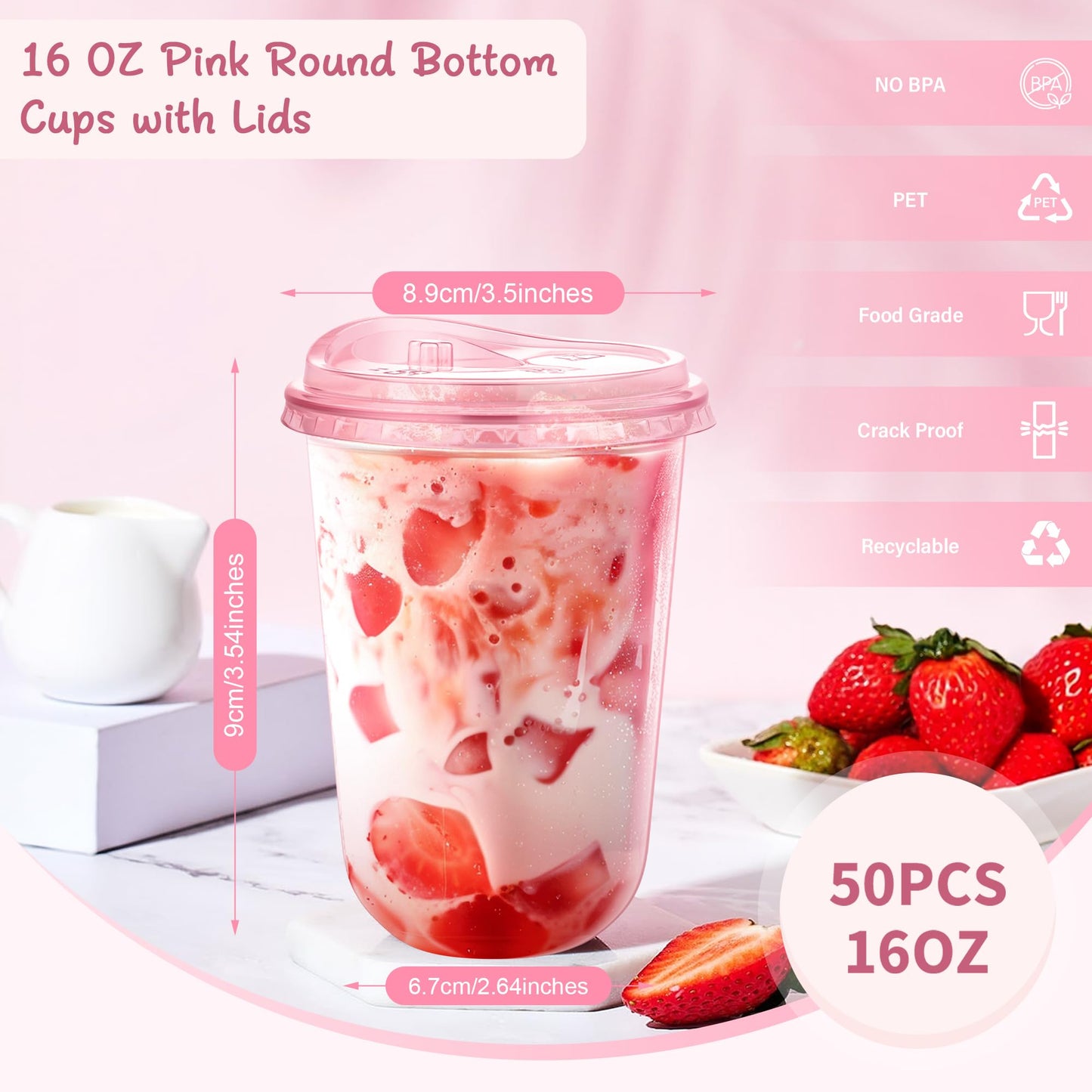 KesaPlan 50 Pack 16 oz Pink Plastic Cups with Sip Lids, Disposable Iced Coffee Cup with Strawless Lid, Round Bottom Stemless To Go Glasses for Cold Drinks Smoothie Milkshake Lemonade