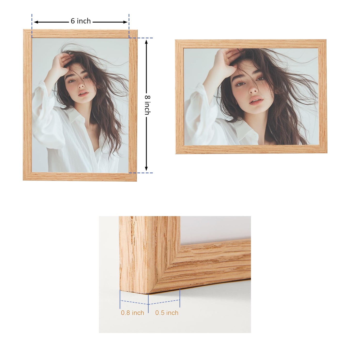 LIVINGTASTE 6x8 Solid Oak Wood Picture Frames Set of 3,Natural Oak Wood Frame with Tempered Glass can Display Photo 6x8 Without Mat,Poster Frame for Wall Home Decor,Set of 3