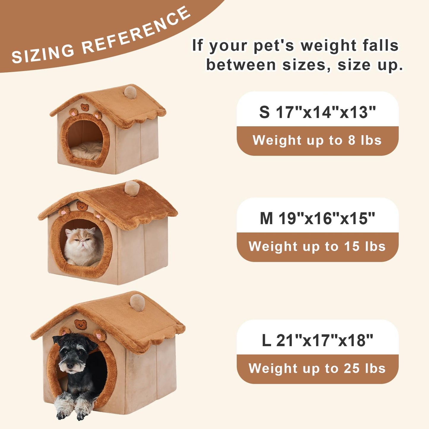 JIUPETY Cute Small Dog House Indoor, Foldable House Kennel Bed Mat with Cushion, L Size Tent Up to 25 Lbs, Dog Cave Bed with Non-Slip Bottom, Brown
