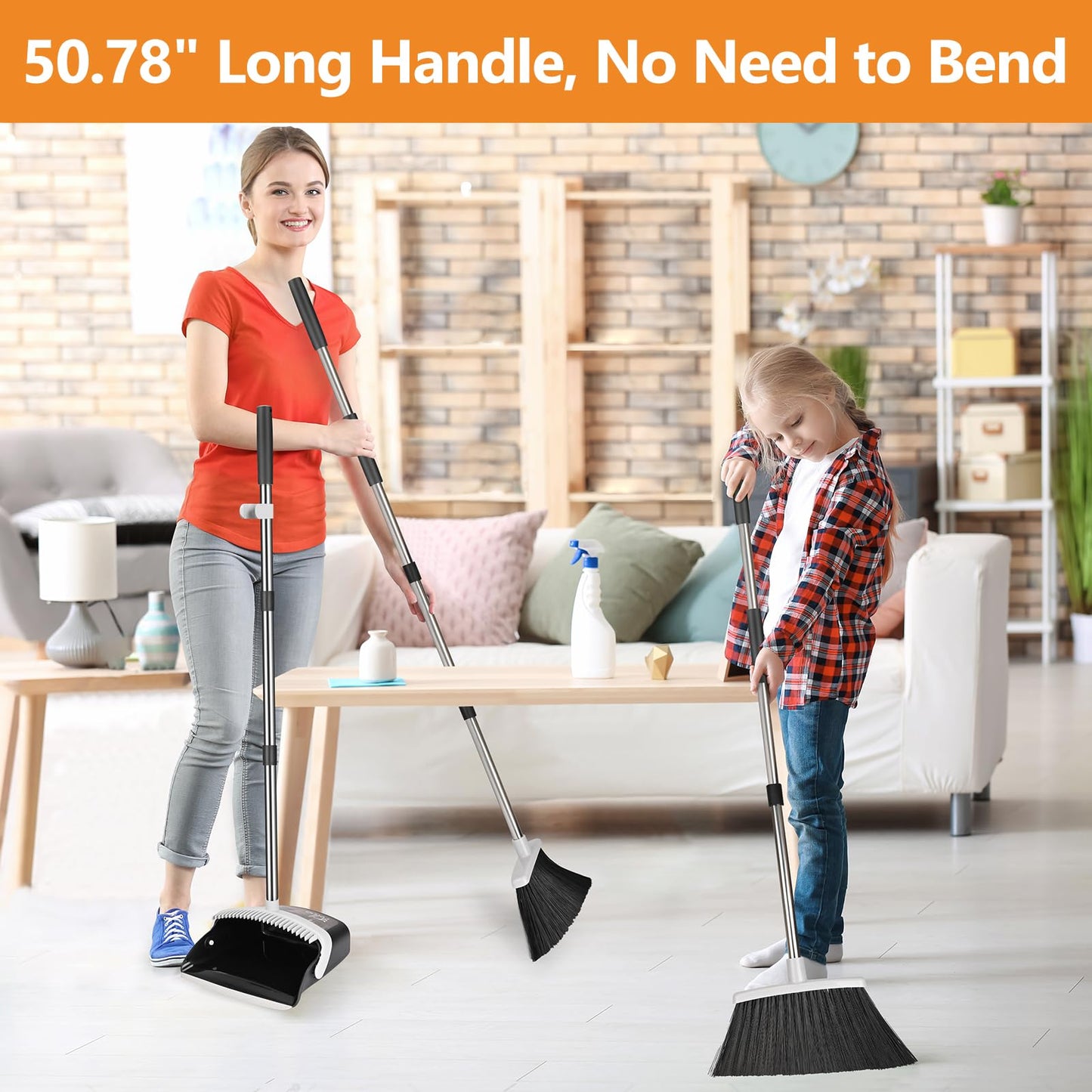 Folews Broom and Dustpan Set, Dust Pan and Broom with Long Handle Heavy Duty Broom Dustpan Combo for Home Kitchen Office Indoor Outdoor Sweeping 51 Inch Broom for Floor Cleaning