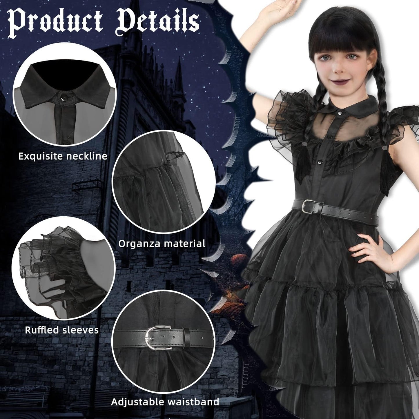 Black Costume Dress for Girls Princess Lace Tulle Skirt with Wig Socks Halloween Cosplay Party Outfit