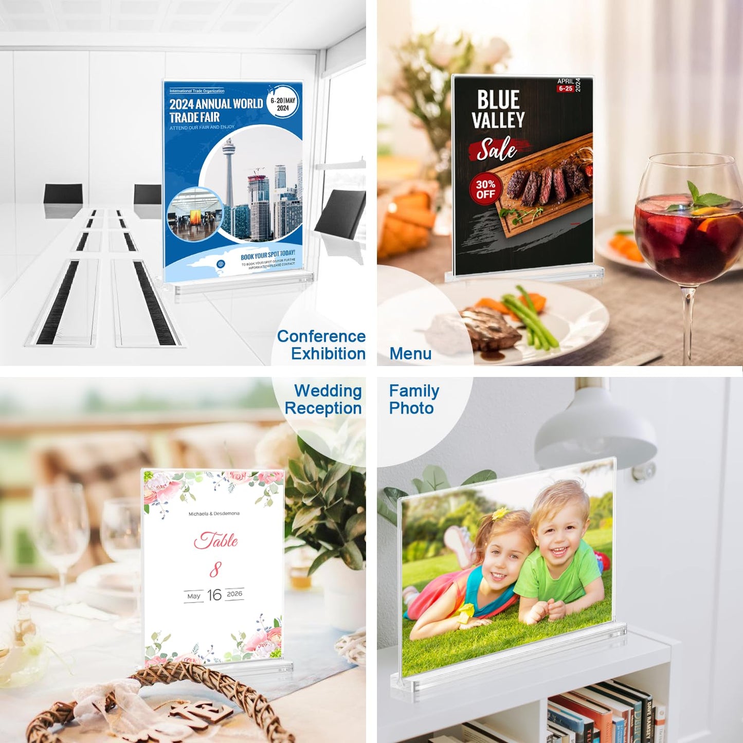BlueValley Acrylic Sign Holder 8.5x11 Vertical - 12 Pack Double Sided Clear Plastic Table top Paper Display Stand for Menu, Flyer, Document, Poster - Standing Sign Holder for Office, Retail, Catering