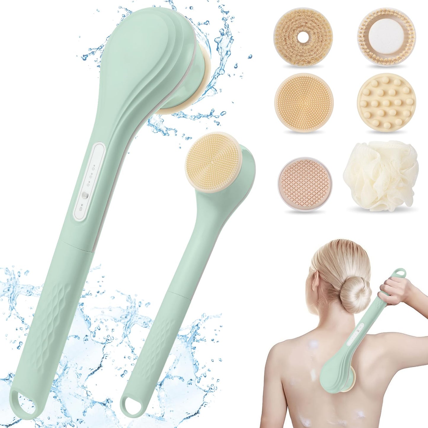 LINGSFIRE Electric Body Brush Bath Brush Rechargeable Back Scrubber for Shower Exfoliating Bath Brush Long Handle for Shower Lotion Applicator for Back Silicone Body Scrubber With 6 Shower Brush Heads