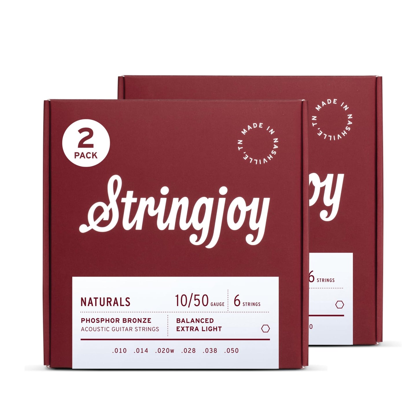 Stringjoy Balanced Extra Light Gauge Naturals Phosphor Bronze Acoustic Guitar Strings 10-50, NB1050, Long-Lasting Clear & Shimmering Tone, 6 String Set, 2-Pack