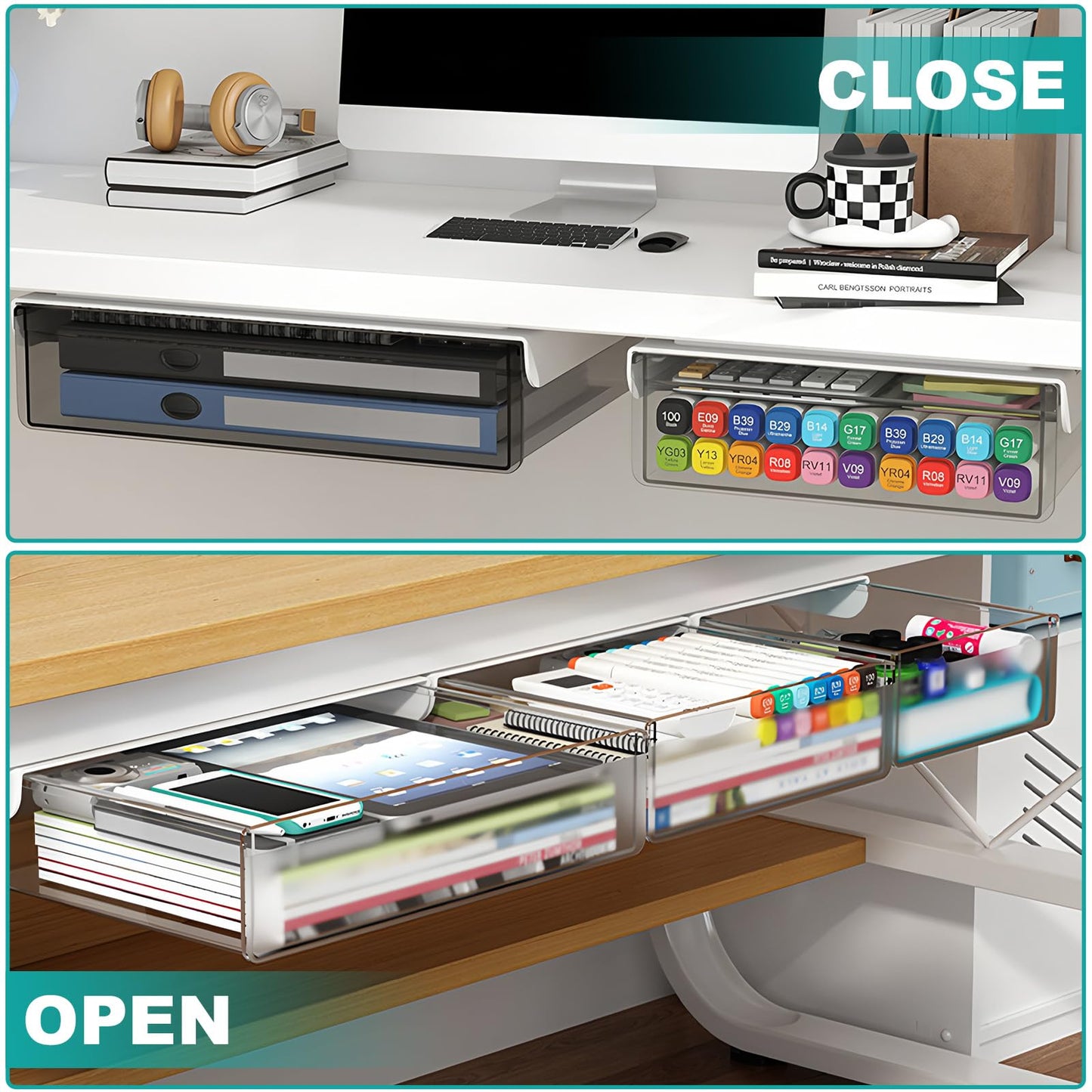 SVNNELP Under Desk Table Drawer Storage Organizer,3 Pack Large & Medium & Small Slide Out Desk Drawers - Hidden Desktop Organizer,Attachable Pencil Storage Tray Under Table(Clear White),S+M+L