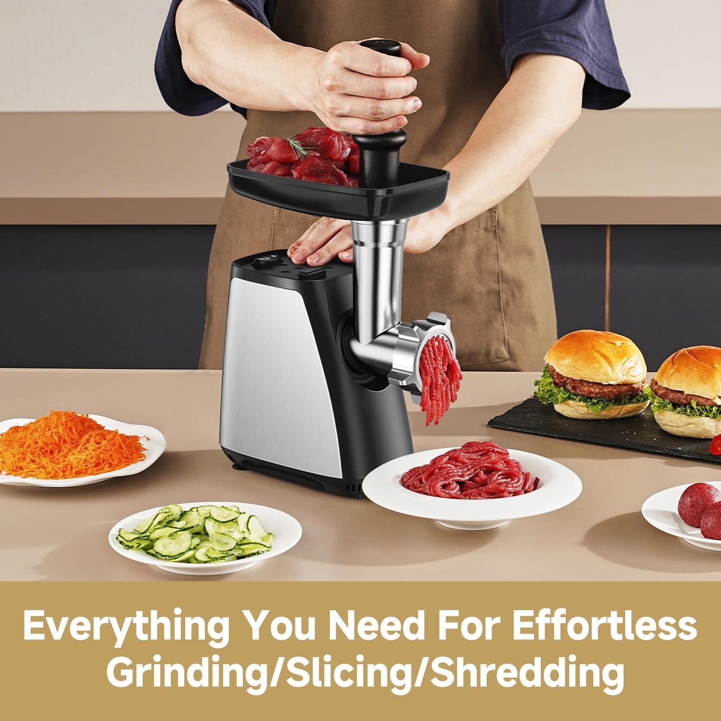 AAOBOSI Meat Grinder, 3-in-1 Meat Grinder Electric [2800W Max] with 2 Blades,4 Plates,Sausage Stuffer,Kubbe Kit, for Home Kitchen Use, Stainless Steel