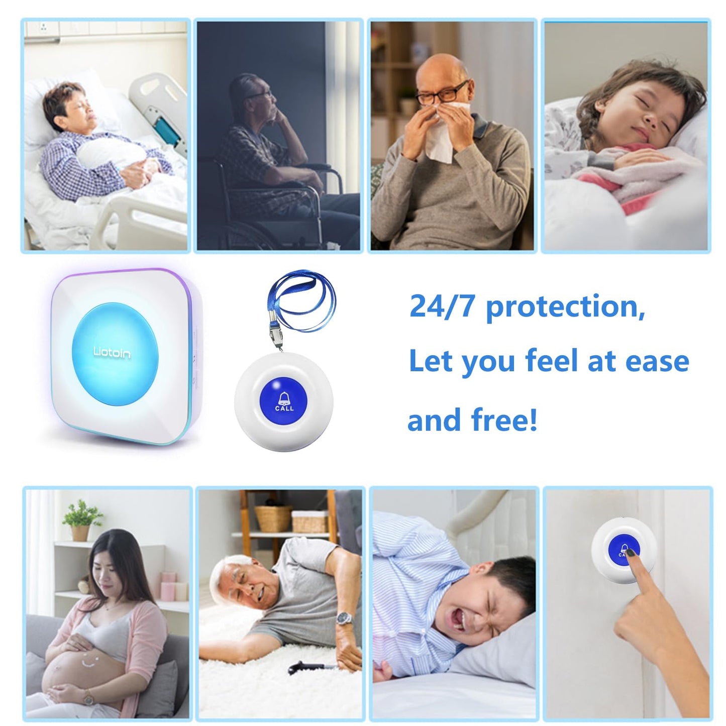 LIOTOIN Caregiver Pager Wireless Call Button for Elderly Nurse Alert System Call Bell Alert Button for Elderly/Patients/Disabled 3 Transmitters 2 Plugin Receivers (with Color Light Flashing Reminder)