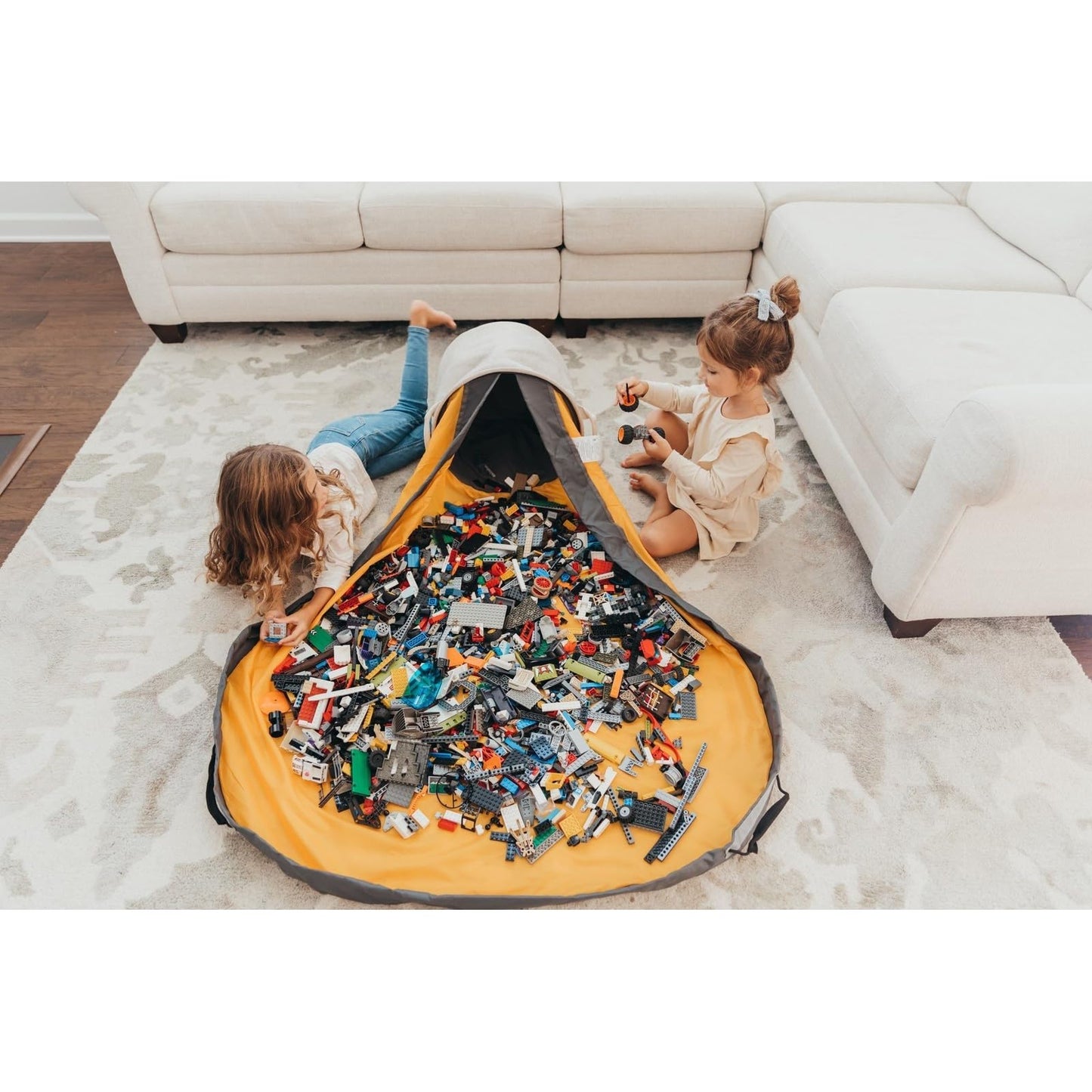 Creative QT - SlideAway Toy Storage Basket and Play Mat – Tidy with Ease, Organize Small Toys, Building Bricks, Action Figures – Large Drawstring Foldaway Play Surface - 12”x15” - Heather Beige