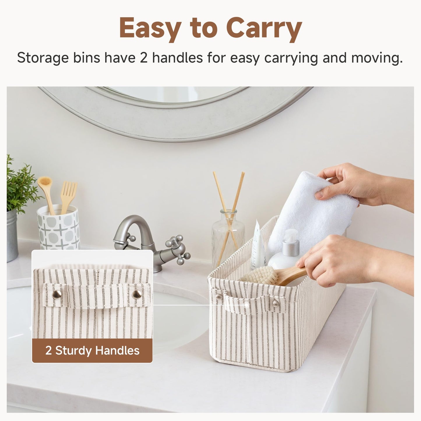 StorageWorks Narrow Storage Bins, Small Basket for Bathroom, Closet and Shelves, Fabric Organizer with Handles, Toilet Paper Storage, Khaki Stripes, 2-Pack