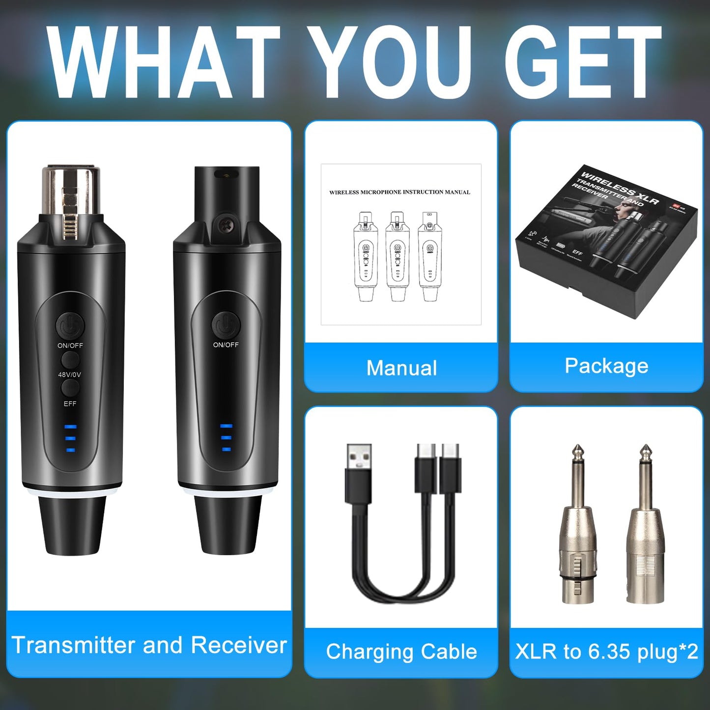 Depusheng S5 Wireless Microphone System Wireless Guitar Transmitter Receiver with XLR Plug-on Dynamic and 48V Condenser Microphones, Sound Mixer, 48V Phantom Power and Reverb Switch