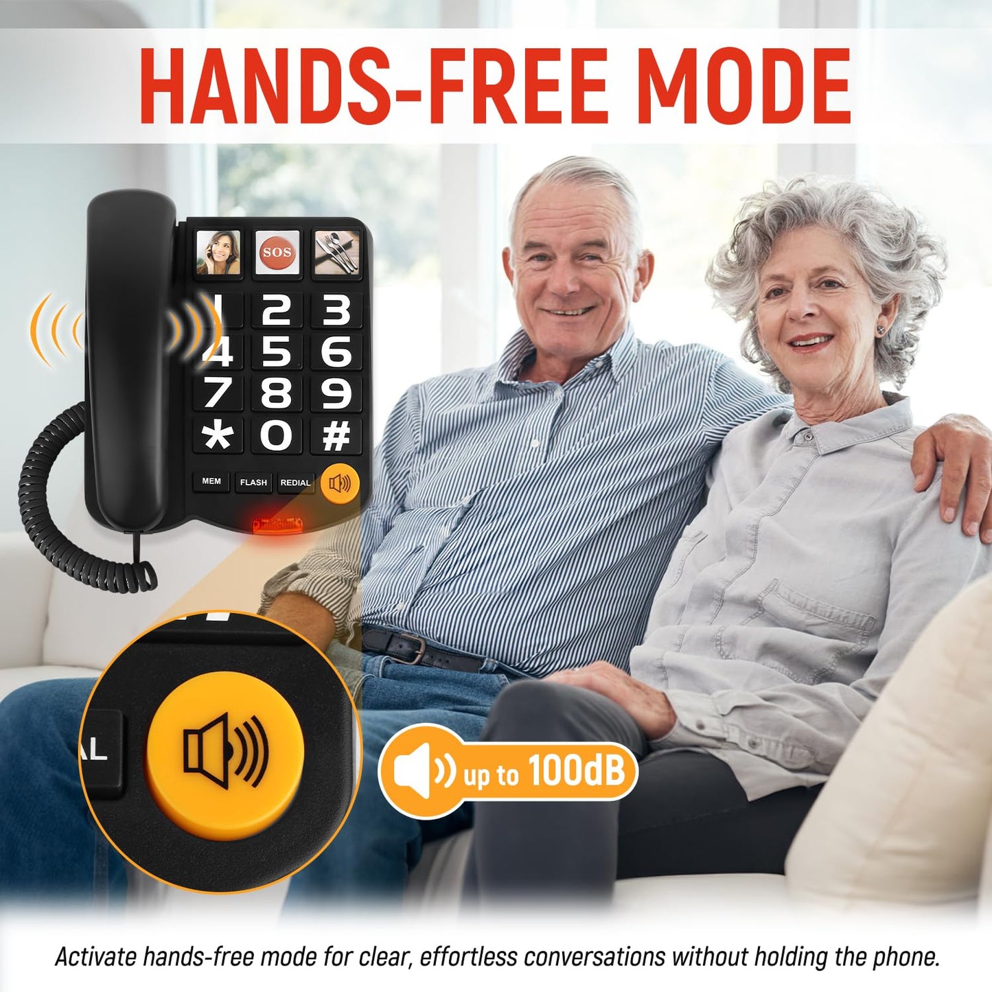 Uvital Big Button Phone for Seniors, Corded Landline Phone with 2 One-Touch Dialing Big Buttons and 1 SOS Emergency Button, Hands-Free Calling, Black Senior Telephone for Visually Impaired