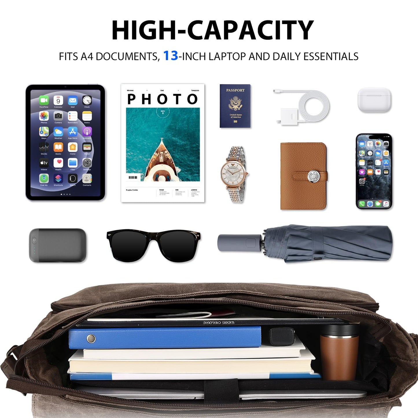 Leathario Messenger Bag, 13 14 15.6 inch Laptop Bags, Lightweight Crossbody Bag, Computer Shoulder Bag for Men Women, Waxed Canvas