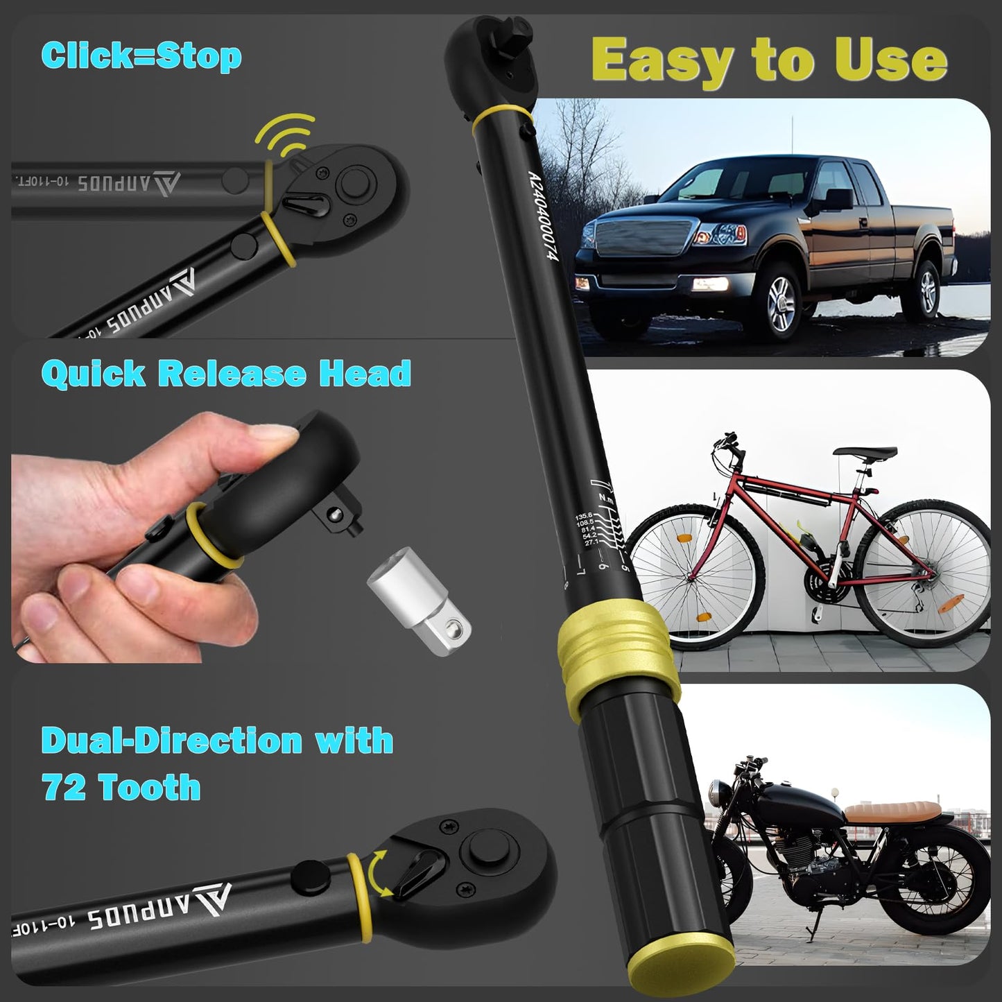 ANPUDS 1/4 3/8 1/2-inch Drive Torque Wrench, 5 Pcs Click Torque Wrench Set, 20-240in.lb, 10-110＋30-250Ft.lb with 2 Adapters, Dual-Direction, 72-Tooth, Dual Range Scales for Bike, Motorcycle, Car