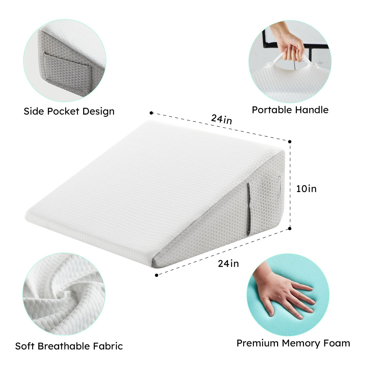 Bedluxe Wedge Pillow, 10 inch Bed Wedge Pillow for Headboard, Pillow Wedges for Acid Reflux Relief, Sleeping, Back Pain Relief, Snoring, Triangle Pillows Wedge - Cooling Memory Foam Top, White/Grey