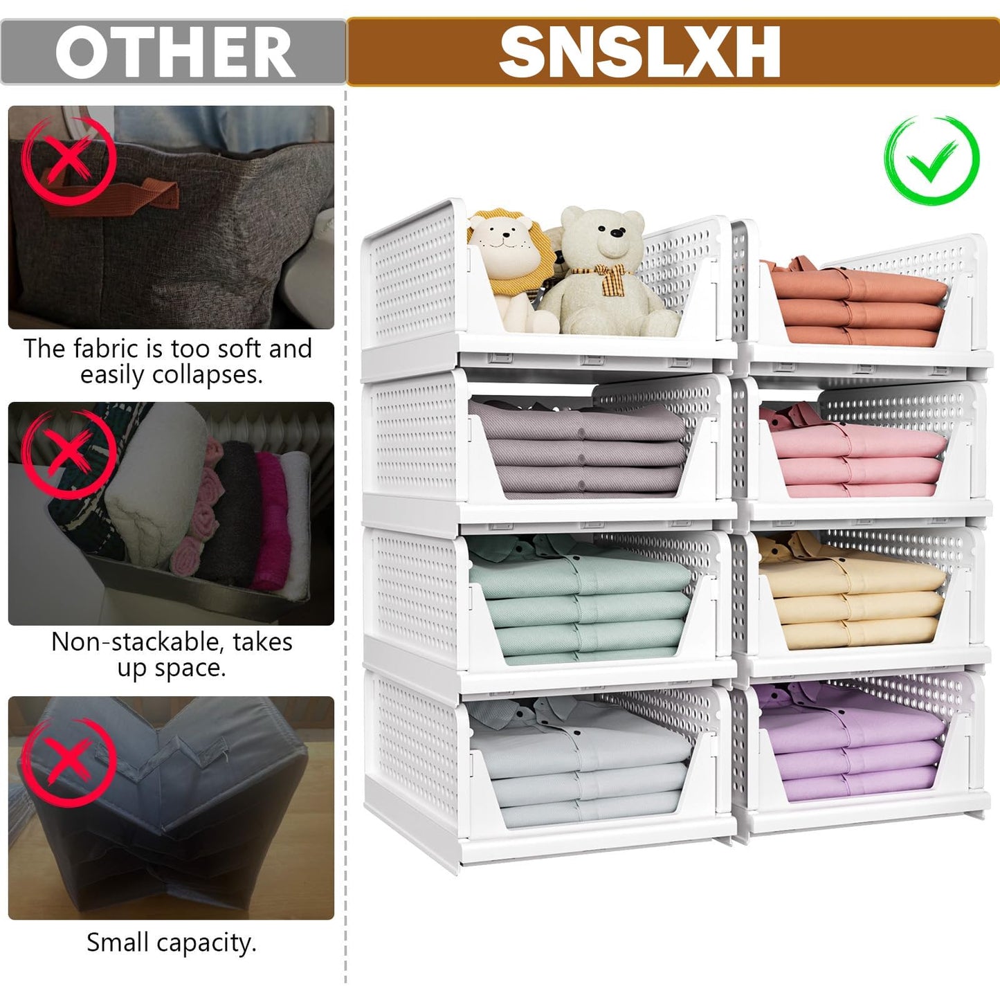 SNSLXH 5 Pack White Stackable Closet Organizer Box, Multifunctional & Foldable Storage Basket for Bathroom, Kitchen, Laundry Room, Wardrobe, Space-Saving Clothes Storage Drawer Organizer