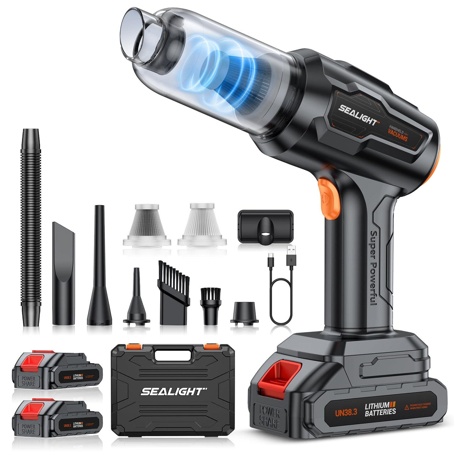 SEALIGHT Handheld Car Vacuum Wireless, Handheld Vacuum Cleaner with 21000pa High Power Suction, Two Batteries Long Endurance, 18V/120W Mini Vacuum Cleaner for Car, Home, Office,