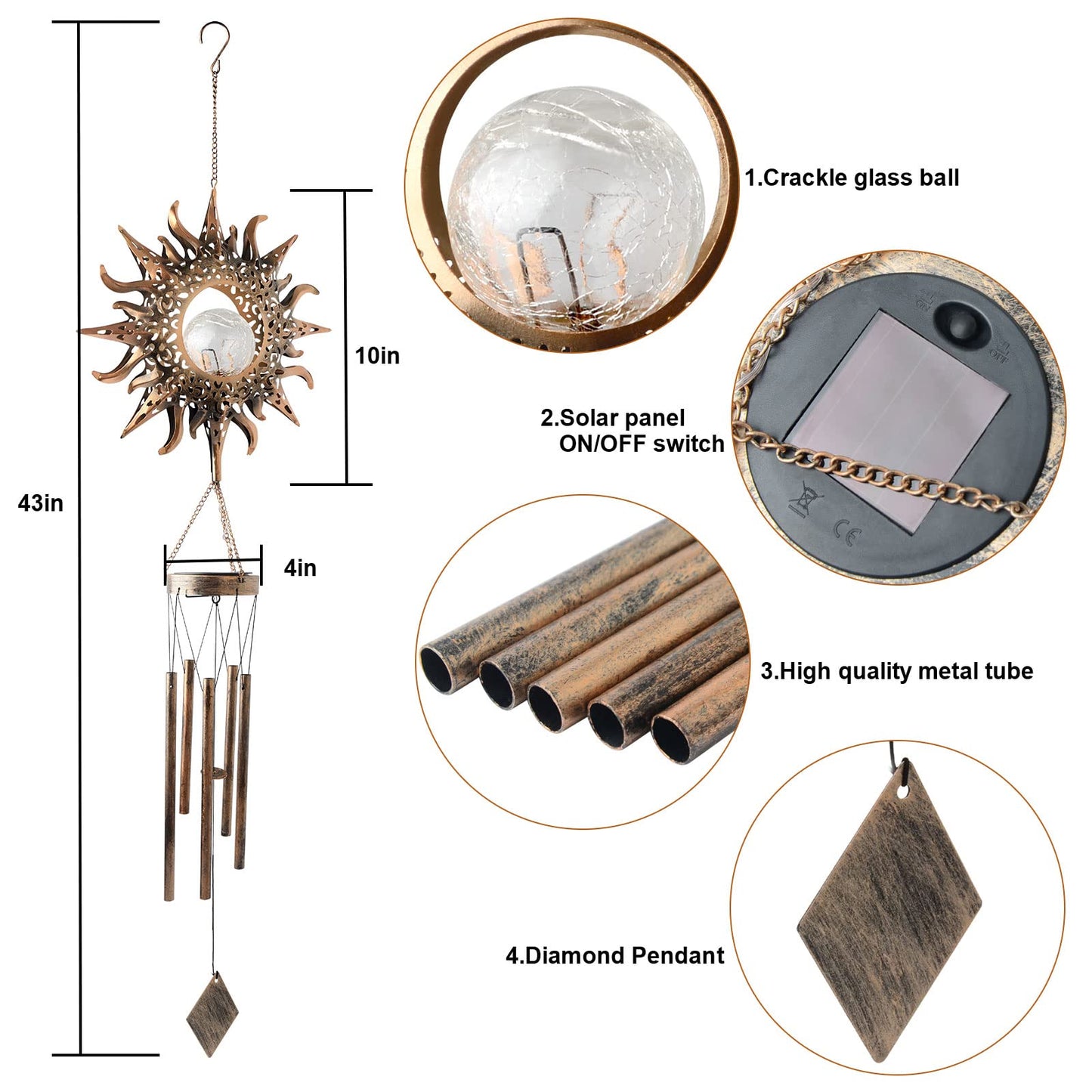 Sun Wind Chimes Solar Retro Windchimes Sympathy Gift, Wind Chimes Outdoor, Gifts for mom, Gifts for Grandma, Memorial Wind Chimes
