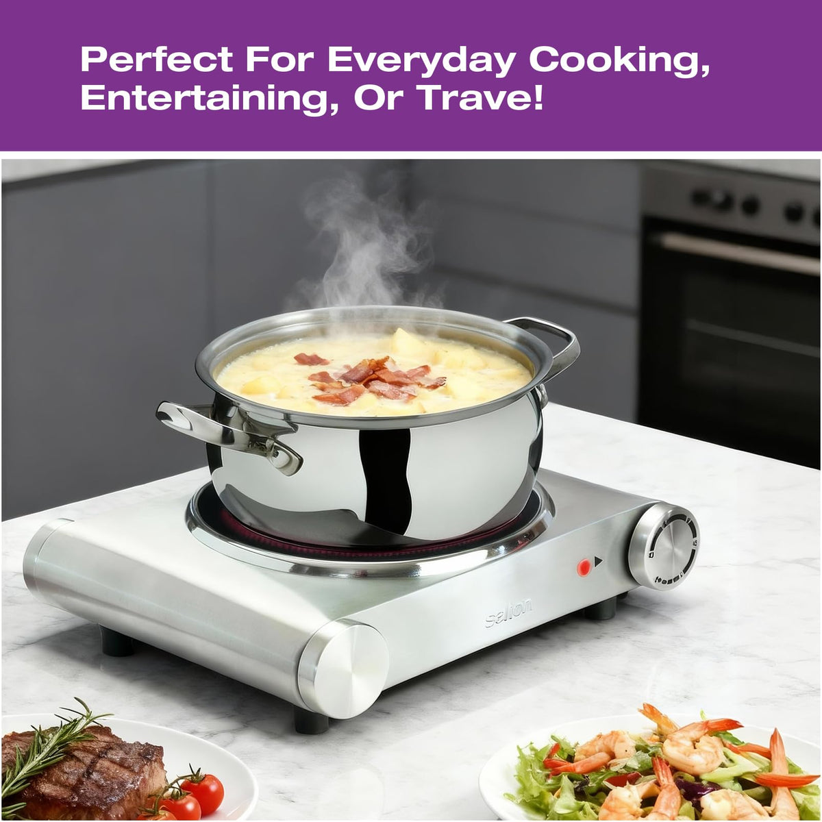 Salton Single Stainless Steel Infrared Portable Electric Cooktop with Large 7.4” Diameter Burner, Variable Tempertature Control and Indicator Light, Perfect for Entertaining, 1200 Watts (HP1502)