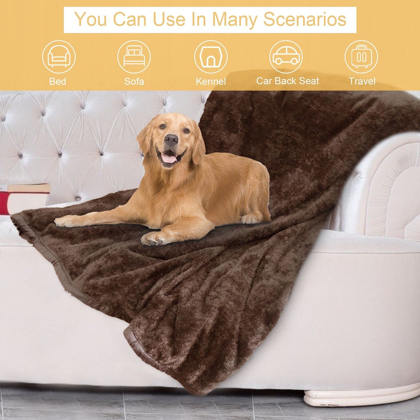 Dog Blanket Soft Fluffy Pet Blanket Waterproof Warm Cat Blanket Self-Warming Puppy Snuggle Blanket Warm Throw Pets Bed Blankets Dog Fuzzy Blankets for Sofa Travel 51.2 x 59”- Brown