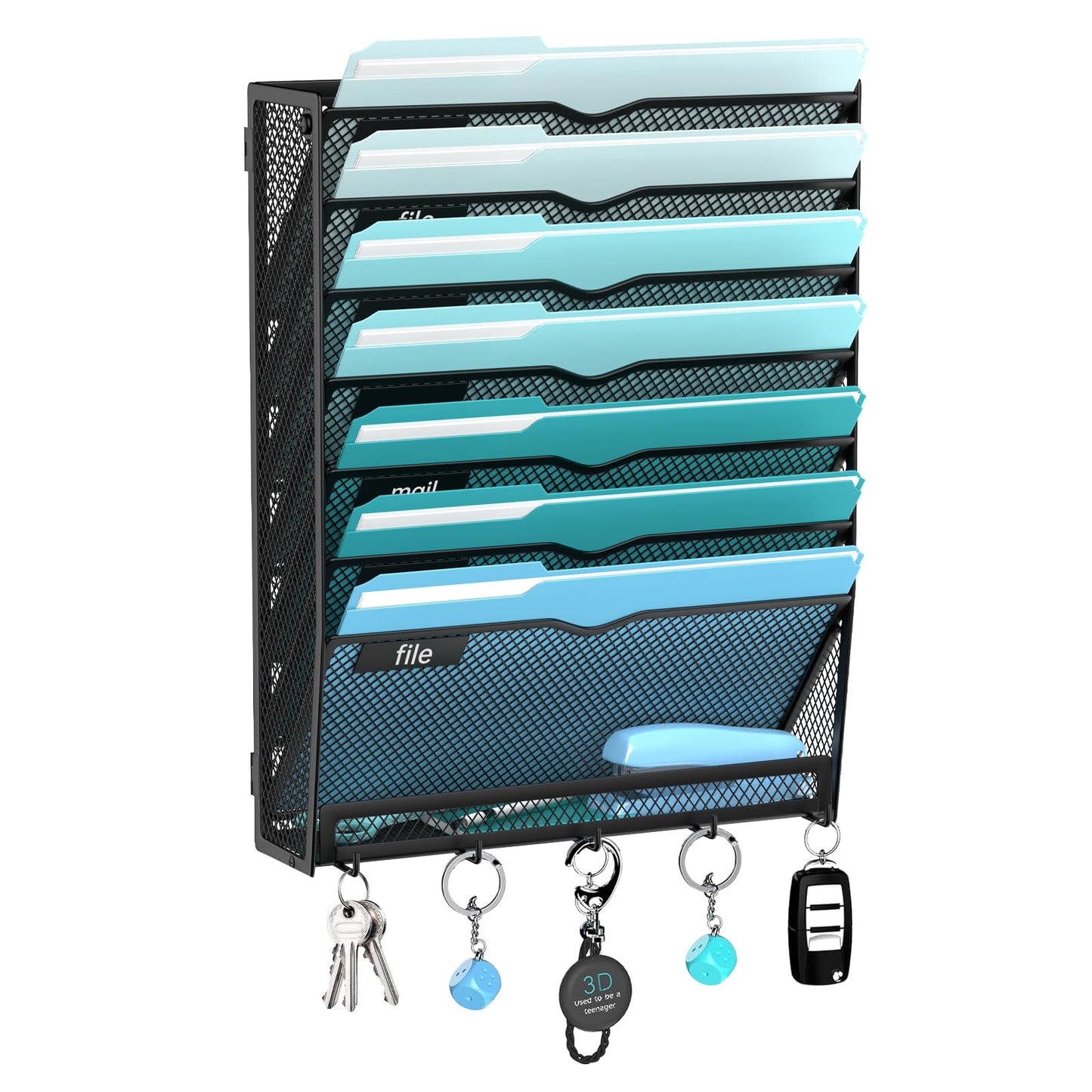 JMHUD 8-Tier Hanging Wall File Organizer with 5 Hooks, Mesh Wall File Holder Vertical Mount Mail Organizer for Papers, Folders, Magazines, Bills, Office and School, Black