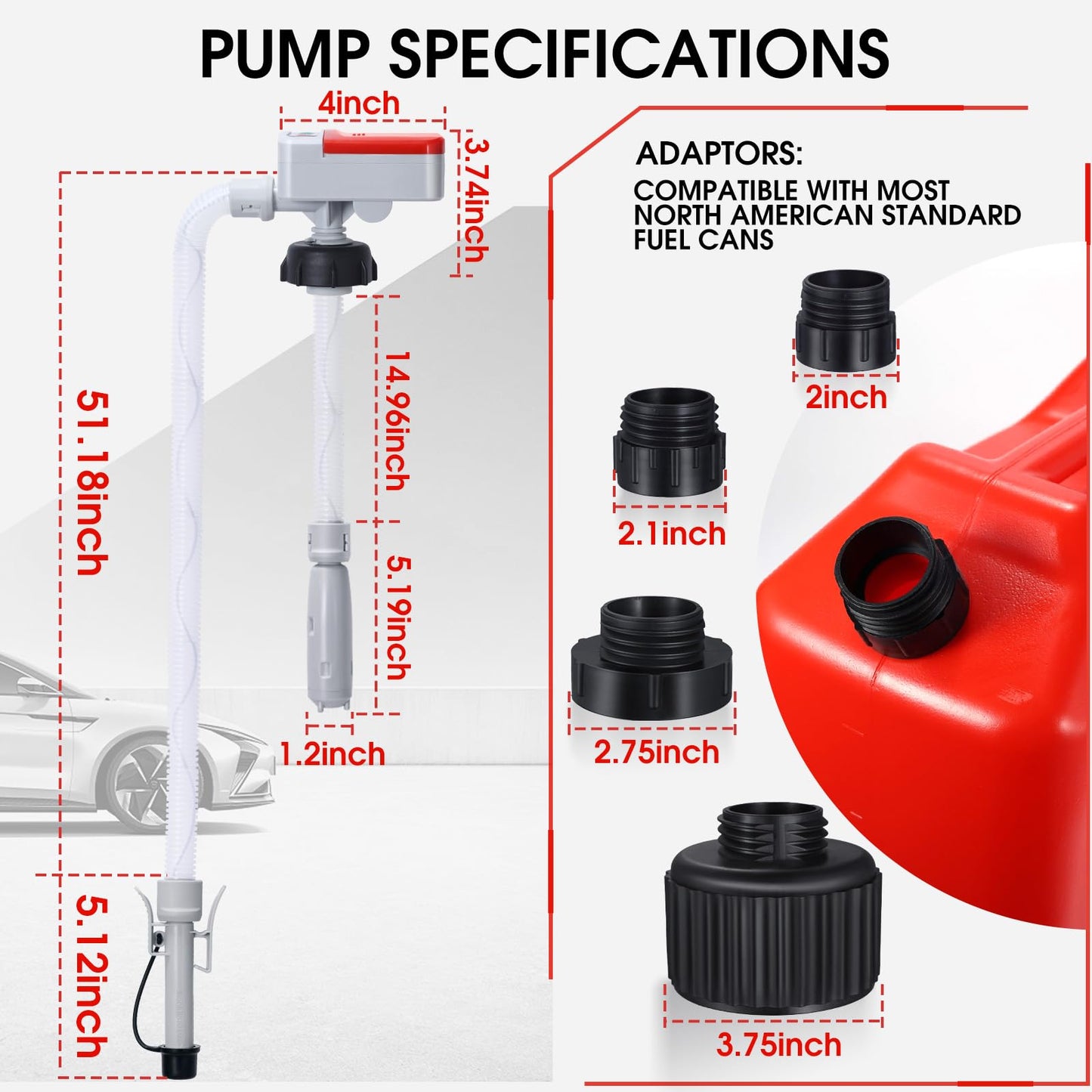 Fuel Transfer Pump with Auto-Stop Sensor-3.2GPM,30s Alert Beep,Overfill Protection,51"Hose Transfer Pump Battery Powered with 4 Tank Adapter,Portable Liquid Pump with Nozzle for Gasoline,Diesel,Oil
