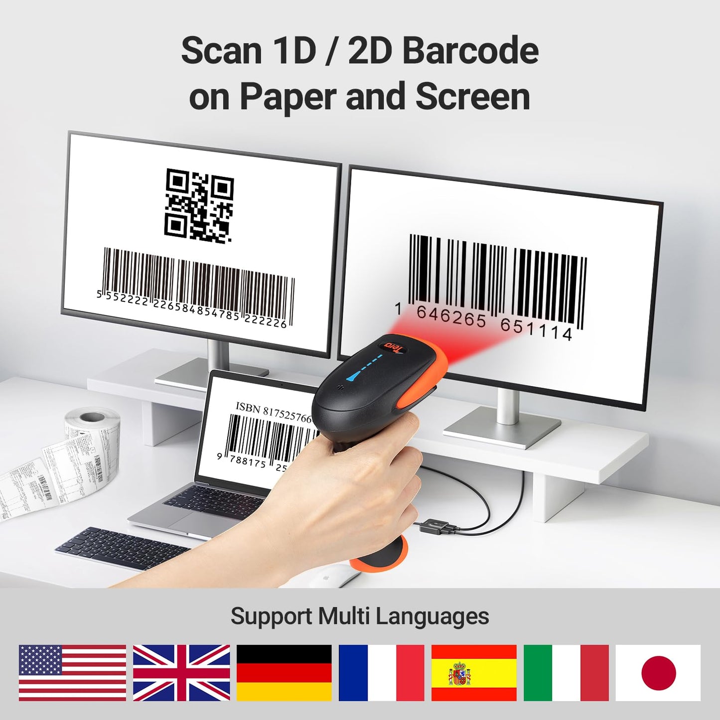 Tera Pro 1D 2D QR Wireless Barcode Scanner with Stand Work with Bluetooth & 2.4G Wireless & USB Wired Automatic Fast Precise Scanning Image Bar Code Reader with Vibration Alert for Warehouse HW0002