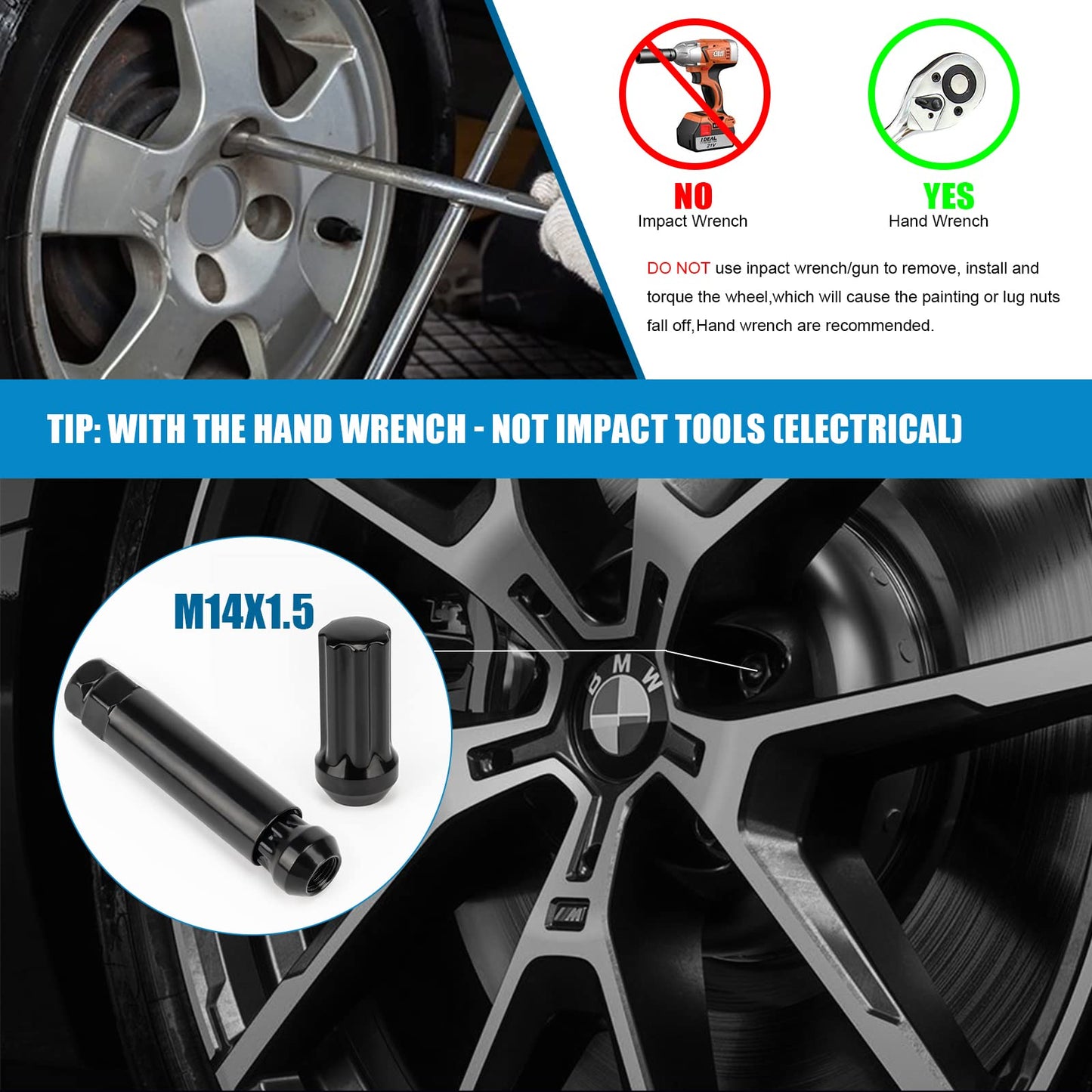 JiiinMiiin 24pcs M14x1.5 Lug Nuts Black with 7 Spline Tuner, 14x1.5 Locking Lugnuts 2 inch Length with 1 Socket Key, Fits Chevy GMC Cadillac Lincoln SAAB Saturn