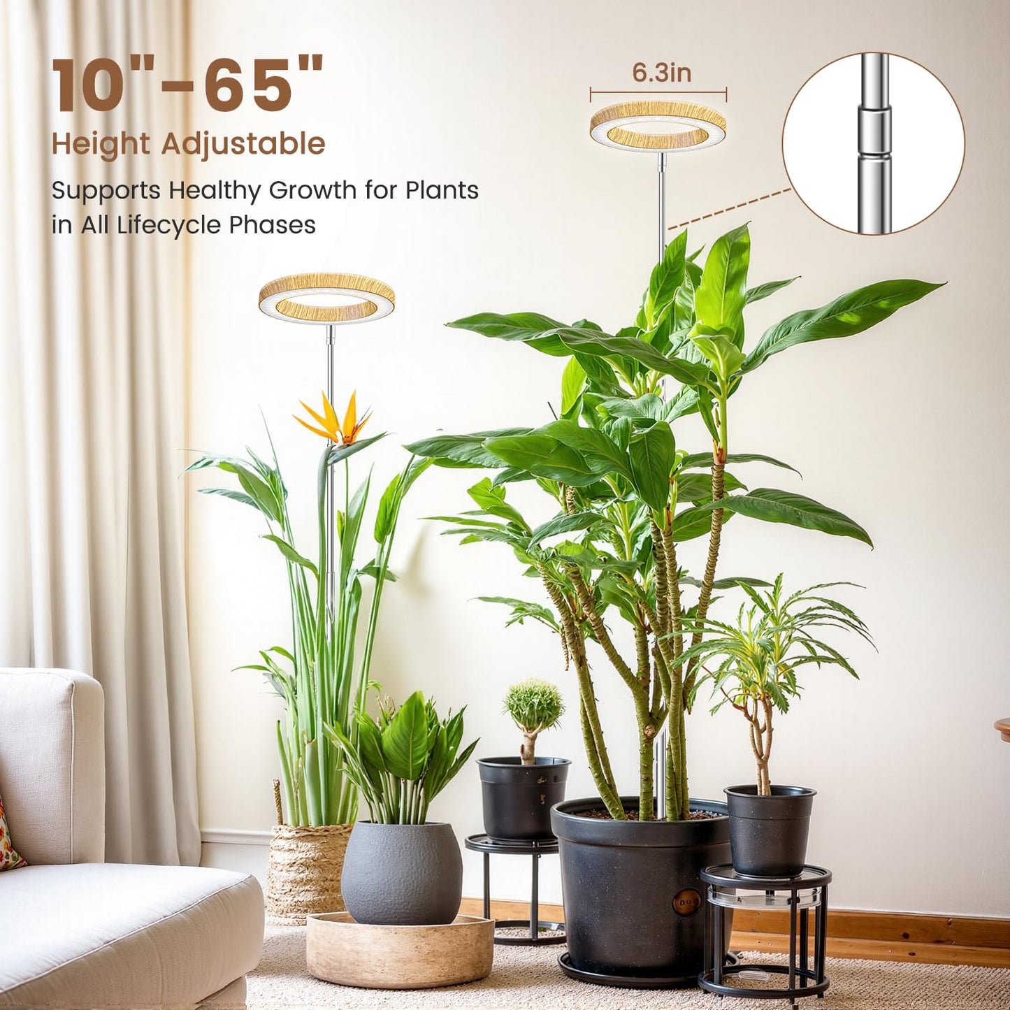 Aokrean Grow Lights for Indoor Plants, Full Spectrum Plant Lights for Indoor Growing with 6/12/16H Timer, 3 Optional Spectrums, 5 Brightness, Height Adjustable 10"-65" Faux Wood Grain Growing Lamp