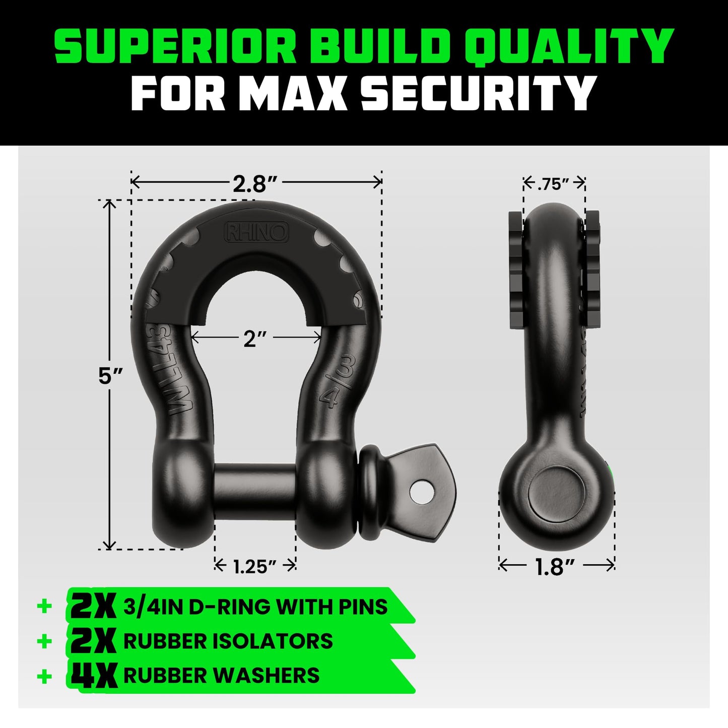 Rhino USA D Ring Shackle 2 Pack (41,850lb Break Strength) – 3/4” Shackle with 7/8 Pin for use with Tow Strap, Winch, Off-Road Truck Vehicle Recovery, Best Offroad Towing Accessories (Black)