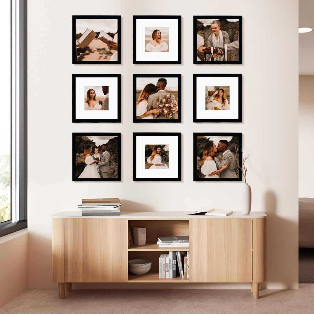 BSRHOME 12x12 Black Picture Frame Set of 9,Display Pictures 8x8 with Mat or 12 x 12 without Mat,Multi Collage Gallery Square Photo Frames for Wall or Tabletop