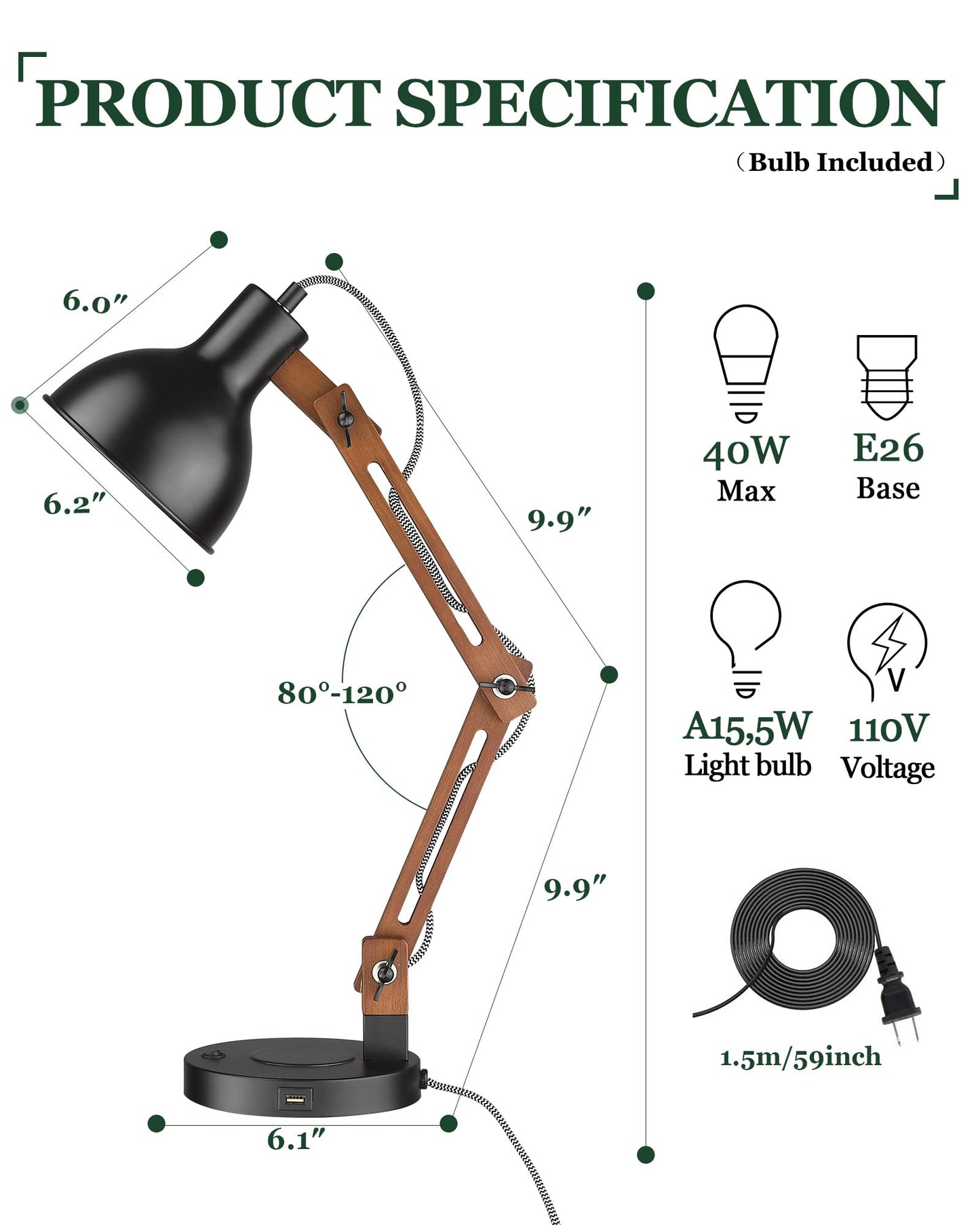 ELYONA Modern LED Desk Lamp with Upgraded Wireless Charger & USB C Charging Port Sapele Wood Table Lamp Swing Arm Bedside Reading Task Light for Dorm Office Bedroom Living Room Bulb Included Black