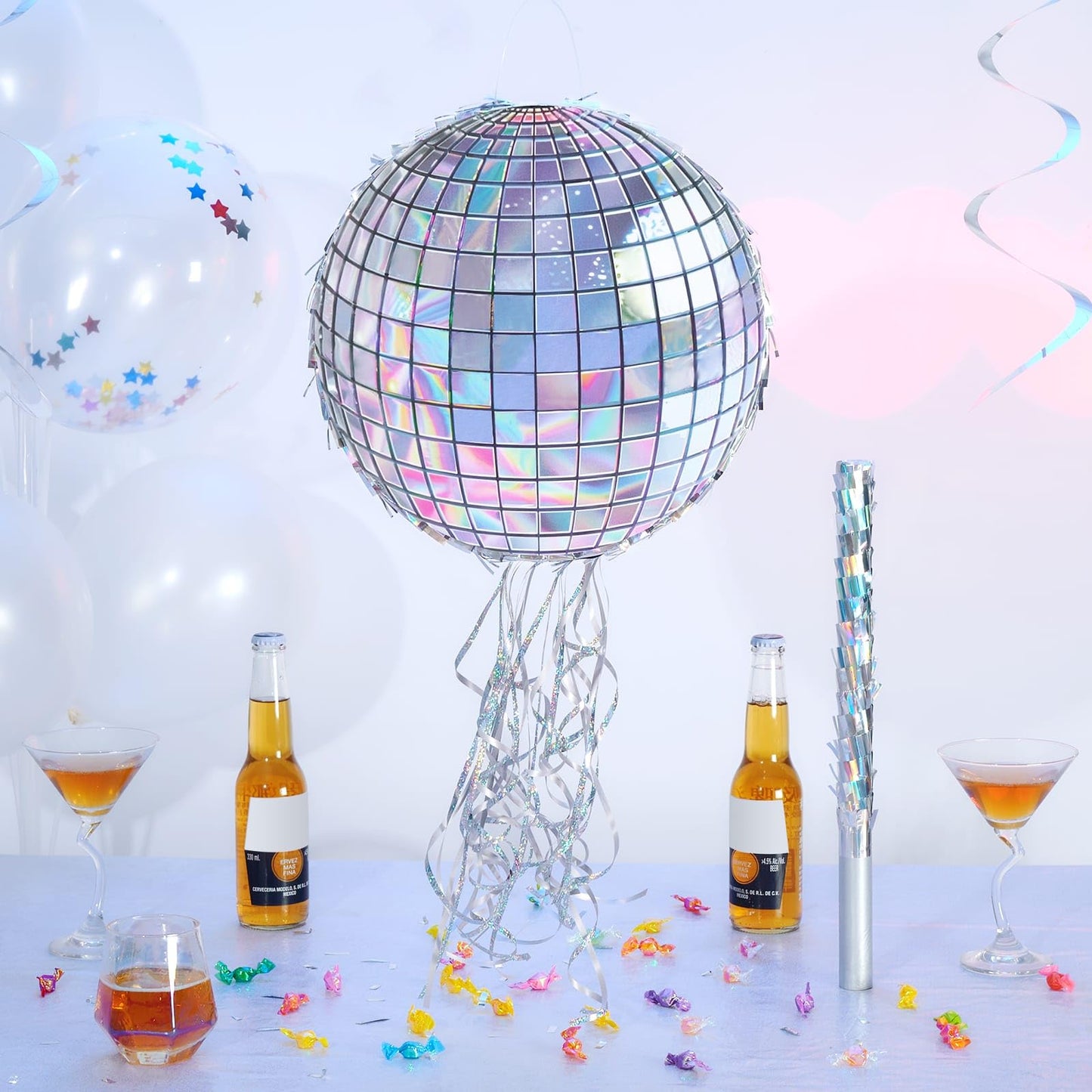 WERNNSAI Disco Party Pinata - Silver Disco Ball Pinata with Blindfold and Stick Hip Hop 80s 90s Retro Dance Disco Party Decoration Supplies for Birthday Wedding New Year Decorations