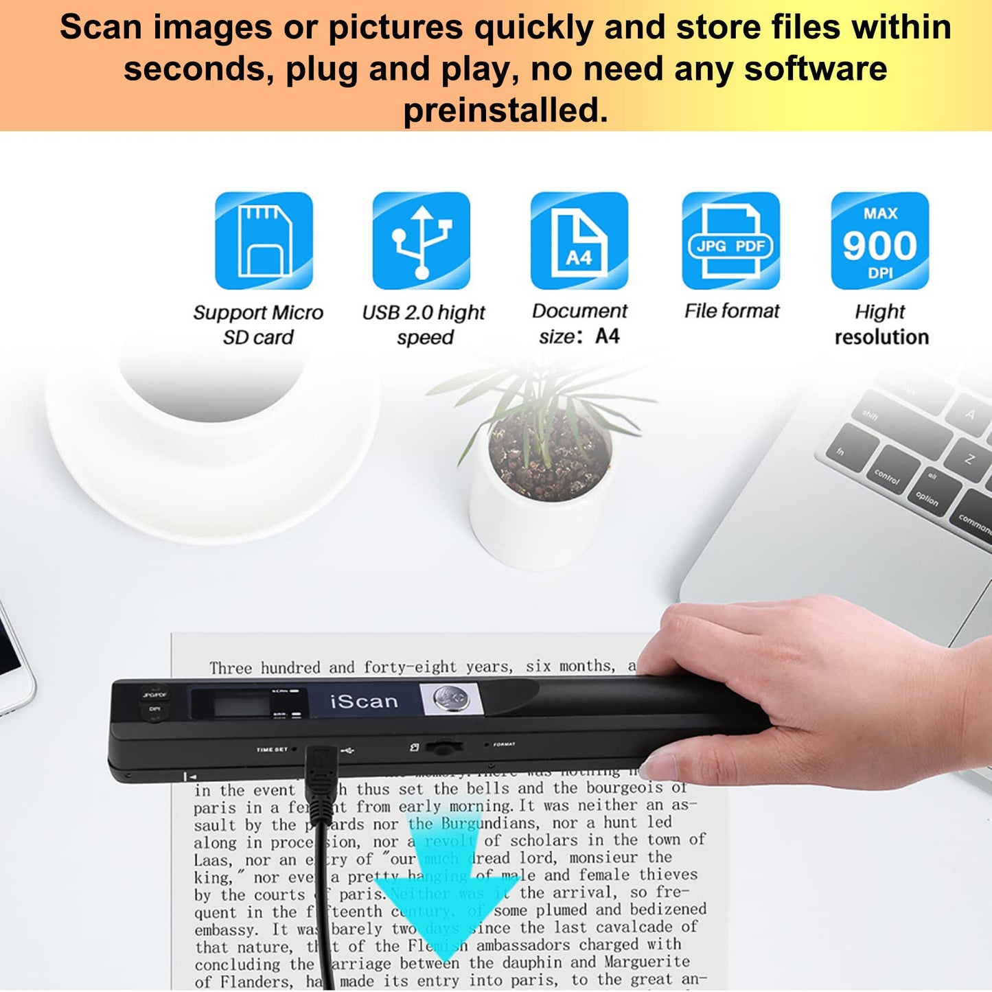 AUTENS Portable Handheld Scanner Included 16G SD Card, Wand Scanner for A4 Documents Pictures Pages Texts Receipts Books Up to 900DPI, JPG/PDF Format Selection, Uploads Via USB Cable, No Driver