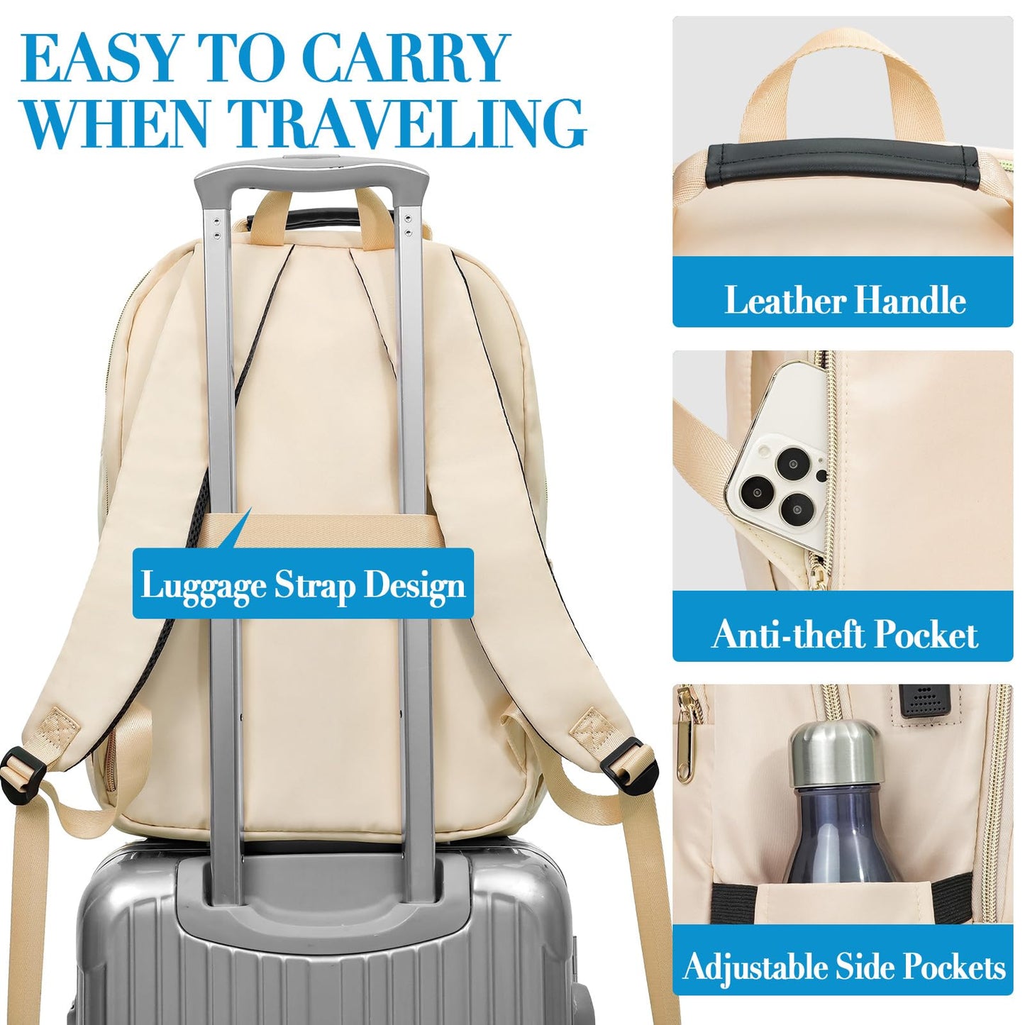 Travel Laptop Backpack for Women, School Backpack for Girls, 15.6 Inch Quilted Work Backpack Purse with USB Charging Port, Large Anti-theft Teacher Student Book Bags, Casual Daypacks, Beige
