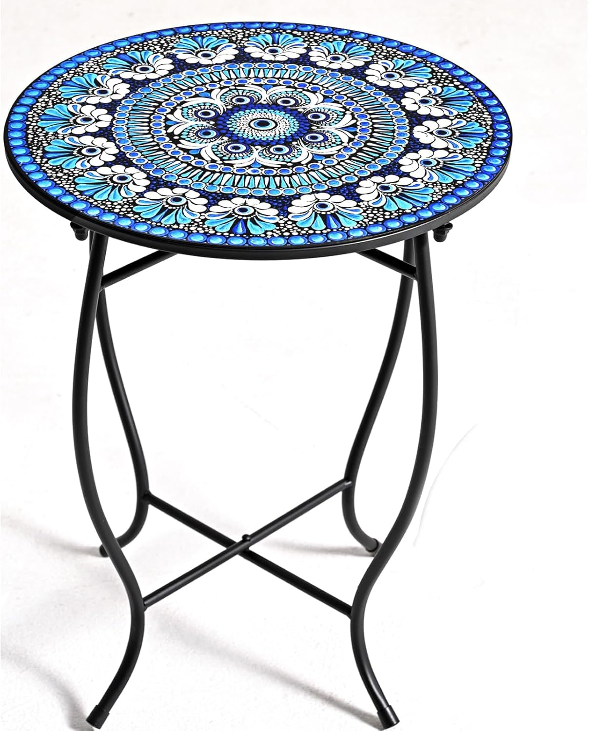 17" Tall Patio Side Table, 14 Inch Round Side Table, Weather Resistant Anti-Rust Metal Indoor Outdoor Side Table for Patio Yard Porch Balcony Garden Bedside, Dark Blue