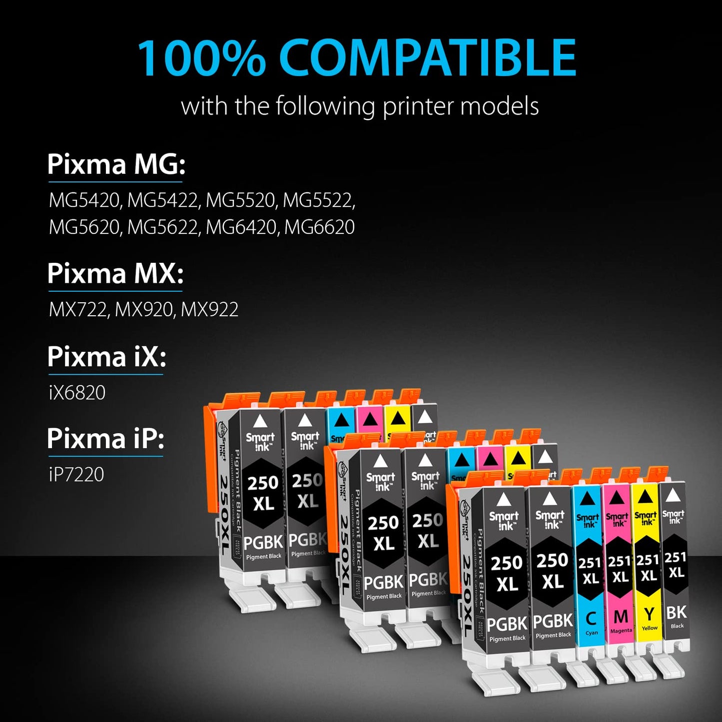 Smart Ink Compatible Ink Cartridge Replacement for Canon PGI 250 PGI-250 XL CLI 251 CLI-251 (6PGBK &3BK/C/M/Y 18 Pack Combo) for Pixma MG5420 MG5422 MG5520 MG5522 MG5620 MG6620 iP7220 iX6820 MX722 MX