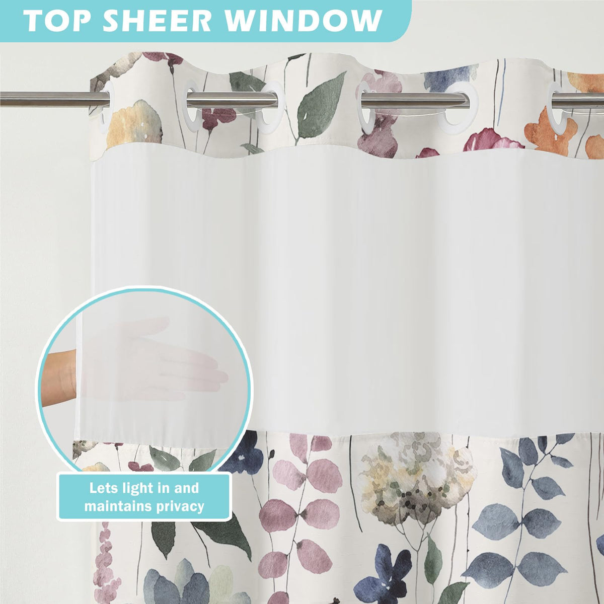 Shellspace No Hook 3 in 1 Shower Curtain with Snap in Liner, Colorful Flowers Shower Curtain Set with See Through Top Window, Machine Washable Waterproof Polyester Fabric Bath Curtain, 71 x 74 in