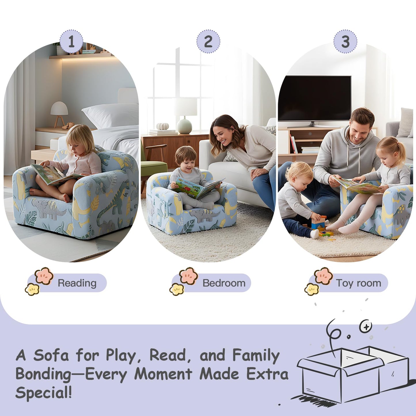 Tiita Kids Sofa, Chirldren Couch with Carrying Handle & Side Pockets, Kids Foam Chair, Toddler Armrest Chair, Kids Reading Couch for Girl Or Boy, Grey Dinosaur