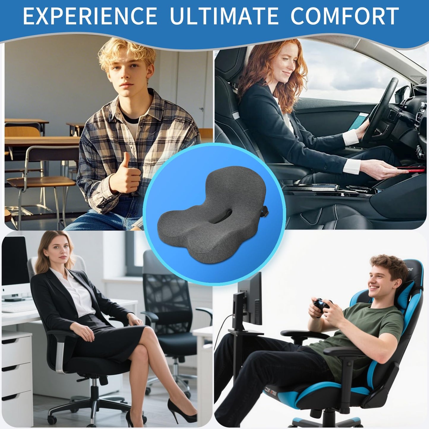 Seat Cushion,Car Seat Cushion with Lumbar Support for Back Pressure Relief,Office Chair Cushion with Adjustable Strap,Sciatica Pad Cushions for Car,Truck, Desk,Gaming Chair