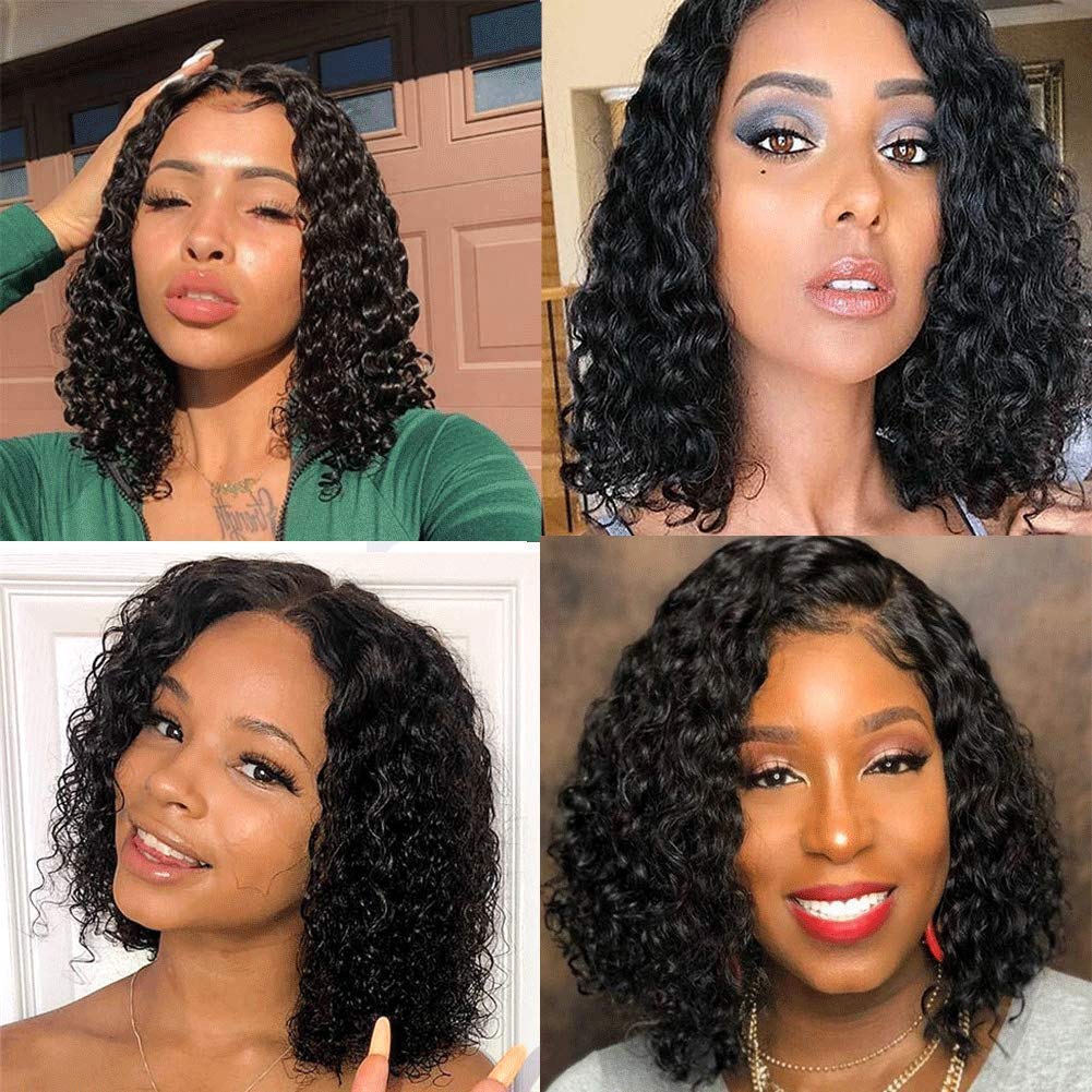 SINGLEBEST Curly Water Wave Bob Human Hair Wigs Brazilian Virgin Hair 130% Density Glueless Lace Front 4x4 Closure Wig for Women Natural Color 10inch