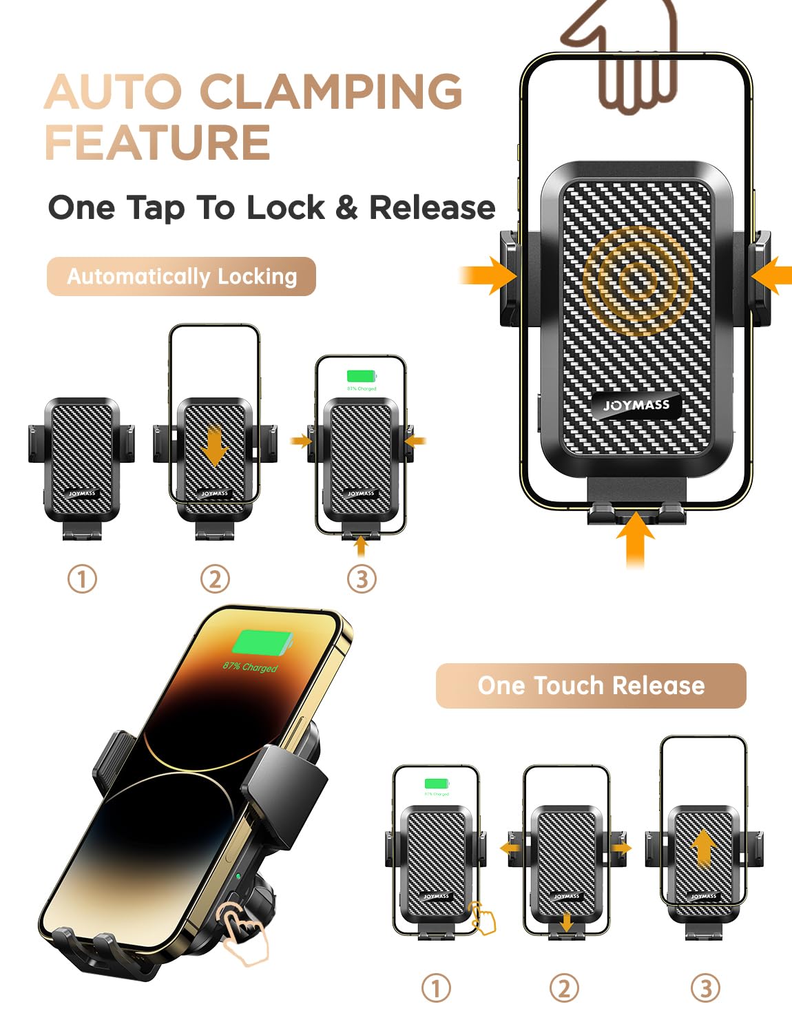 Wireless Car Charger, Phone Holders, 15W Auto Clamping Phone Mount Car Accessories for iPhone 16 15 14 13 12 Mini Pro Max 11, Samsung Galaxy S24 Ultra S23 S22+ Note 20, etc - Dark Black