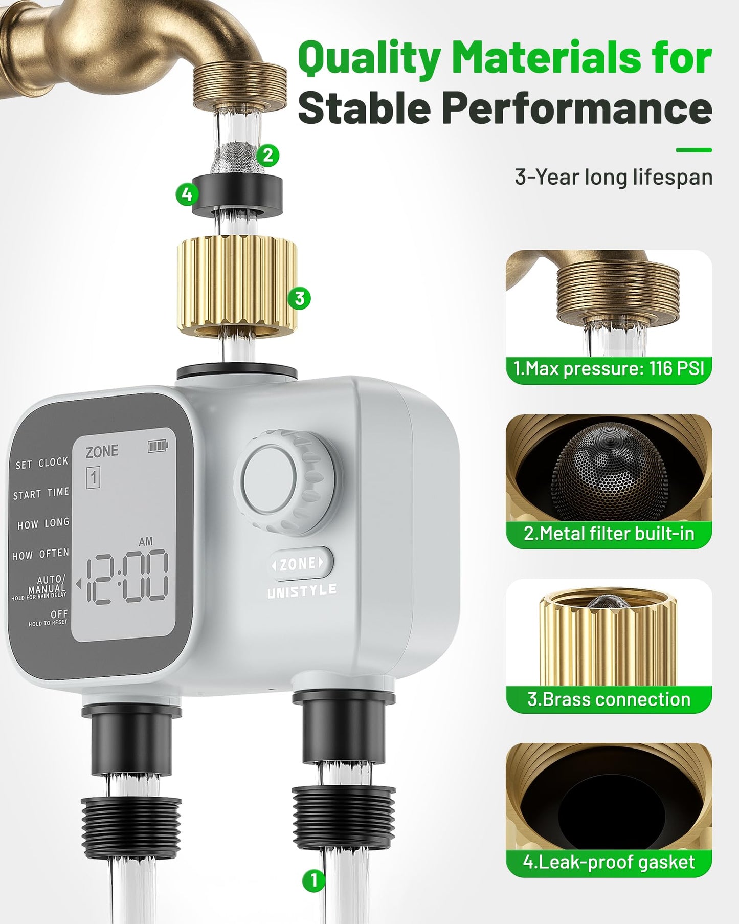 2027 New Upgrade Sprinkler Timer 2 Zone with Brass Inlet, Unistyle Water Timer for Garden Hose with Rain Delay and Manual Water/Automatic Irrigation, Hose Timers for Yard and Lawn Patio
